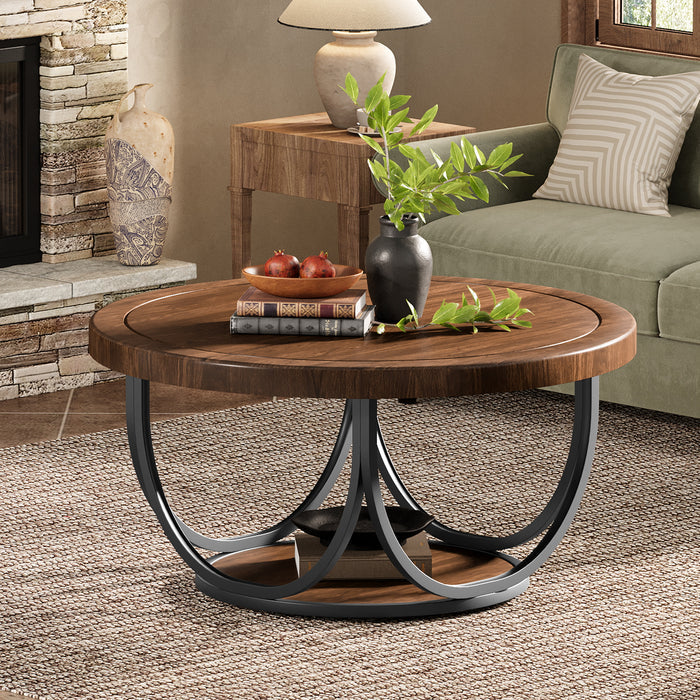 Runder Couchtisch 80 cm mit Ablage, 2-stufiger Wohnzimmertisch Industrial Stil mit Metallgestell