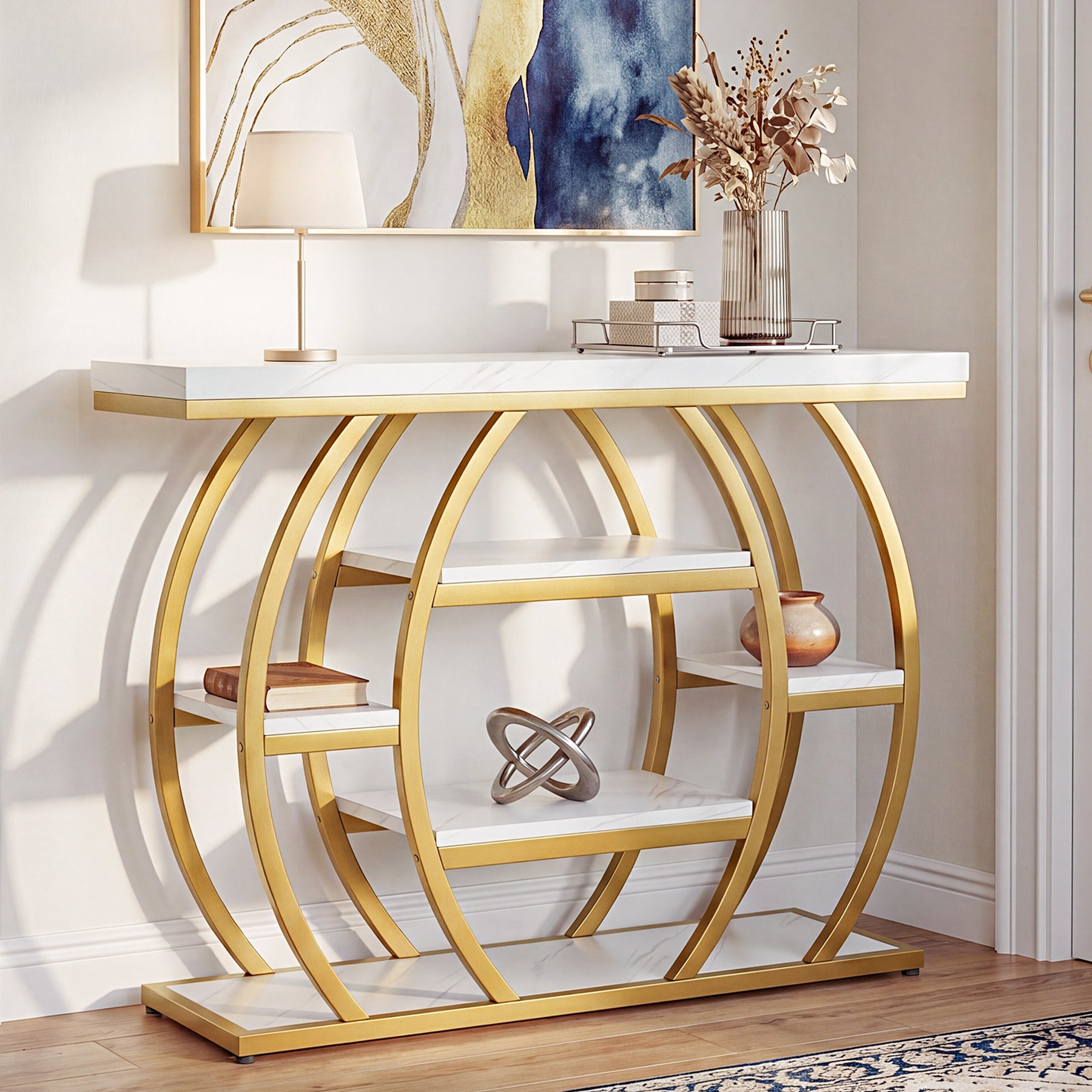 Tribesigns Konsolentisch 105 cm, Schmaler Flurtisch mit 5 Ablagen, Gold Metallgestell & Tischplatte in Marmoroptik