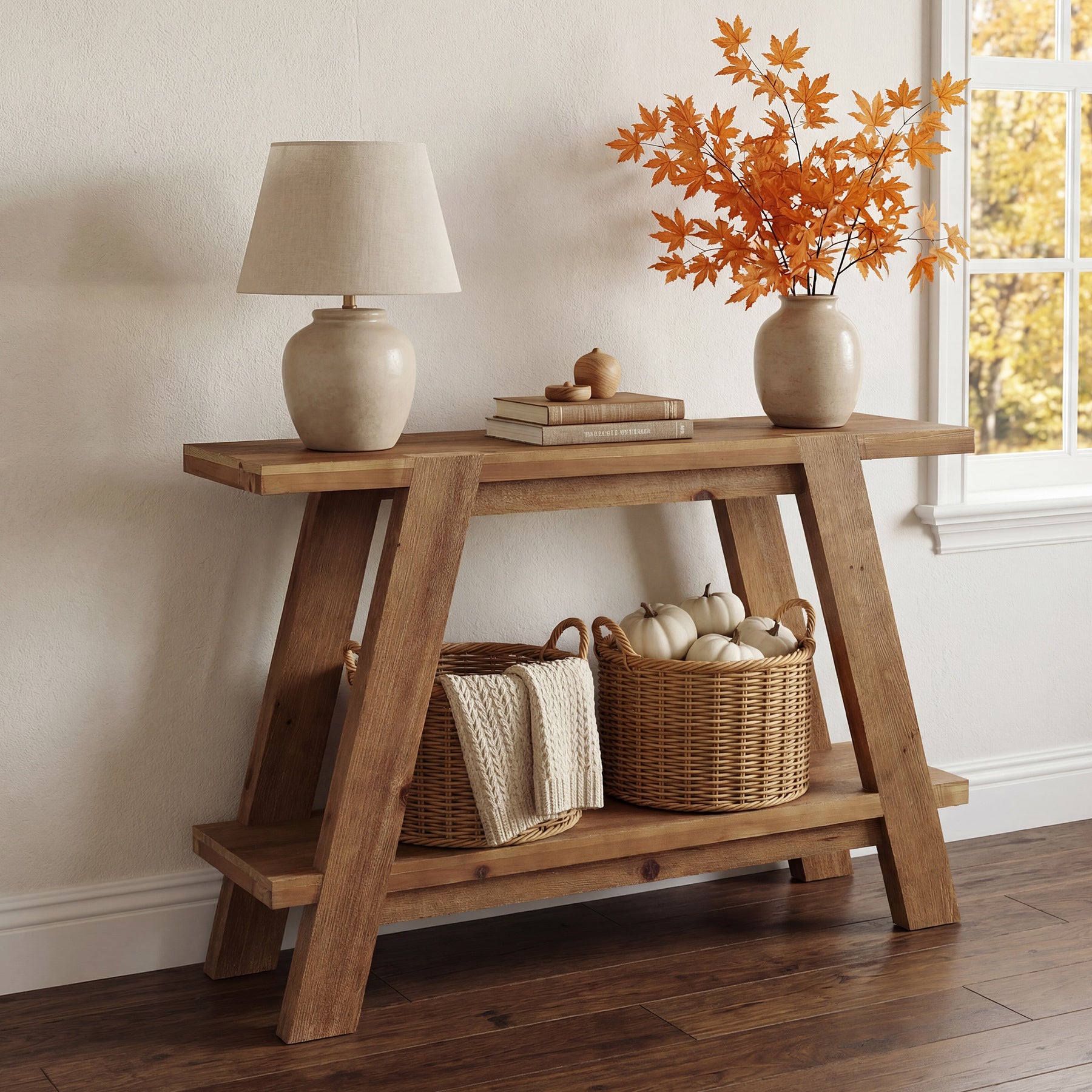 Schmale Massivholz Konsolentisch 110 cm im Landhausstil, Sofatisch mit 2 Ablagen für Flur und Wohnzimmer