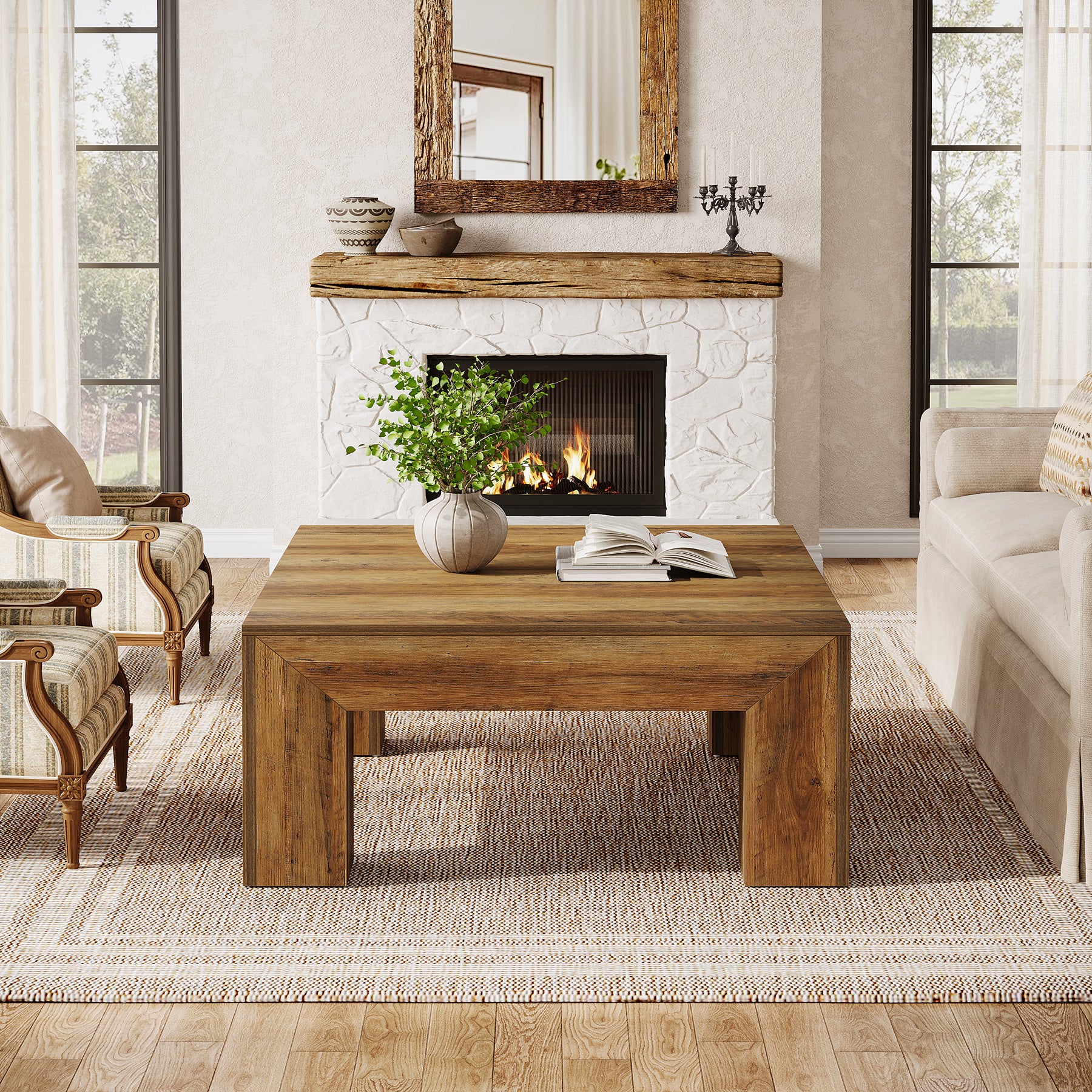 100 cm Quadratischer Couchtisch, Wohnzimmertisch aus Holz mit robusten Beinen für Sofa & Schlafzimmer