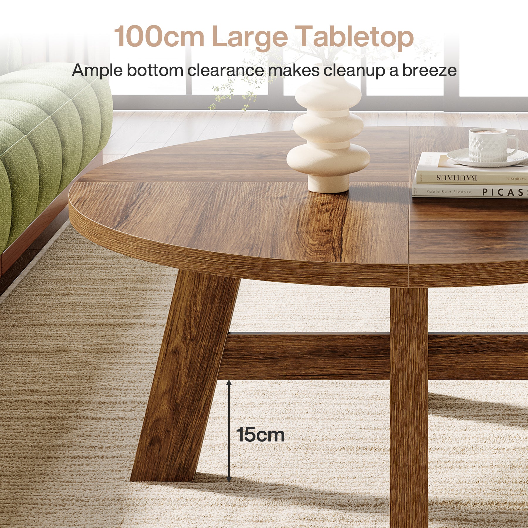 Runder Couchtisch 80 cm im Mid-Century-Stil, Wohnzimmertisch aus Holz mit verstärkter Kreuzstrebe