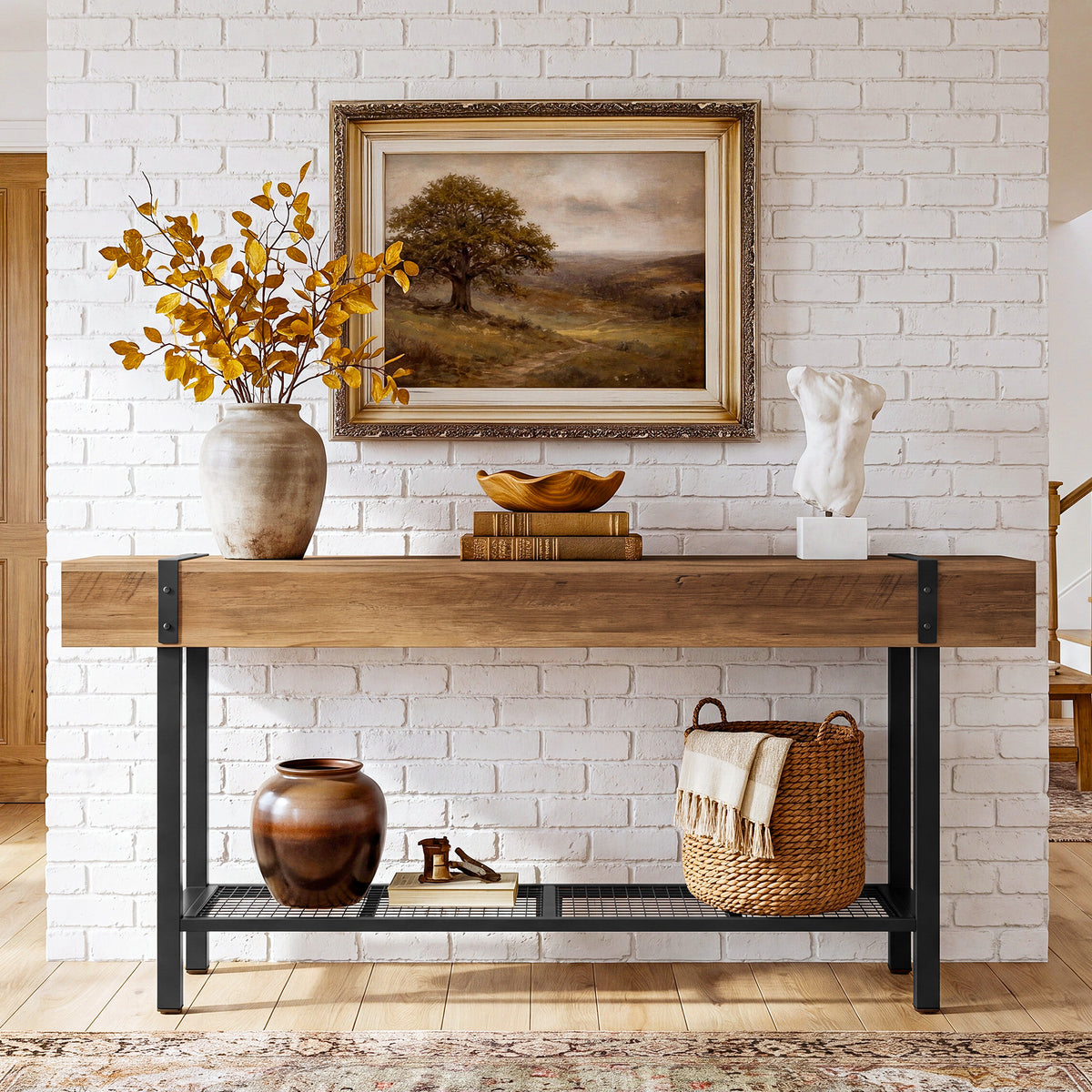 Tribesigns Konsolentisch 160 cm mit 2 Ablagen, schmaler Sofatisch im Industrial-Stil