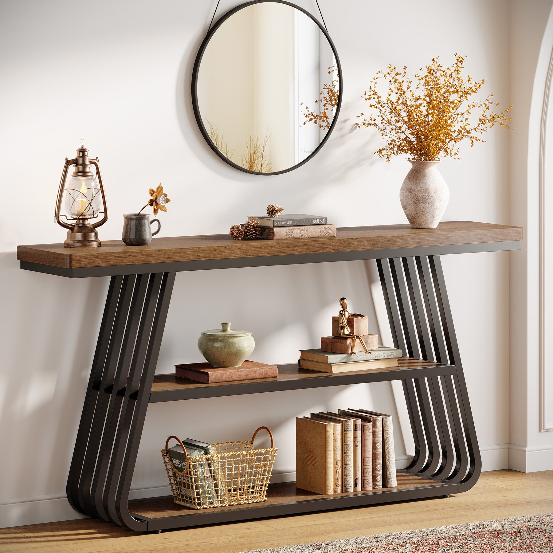Konsolentisch 140 cm mit Ablagen, 3-stufiger Sofatisch aus Holz mit Metallrahmen