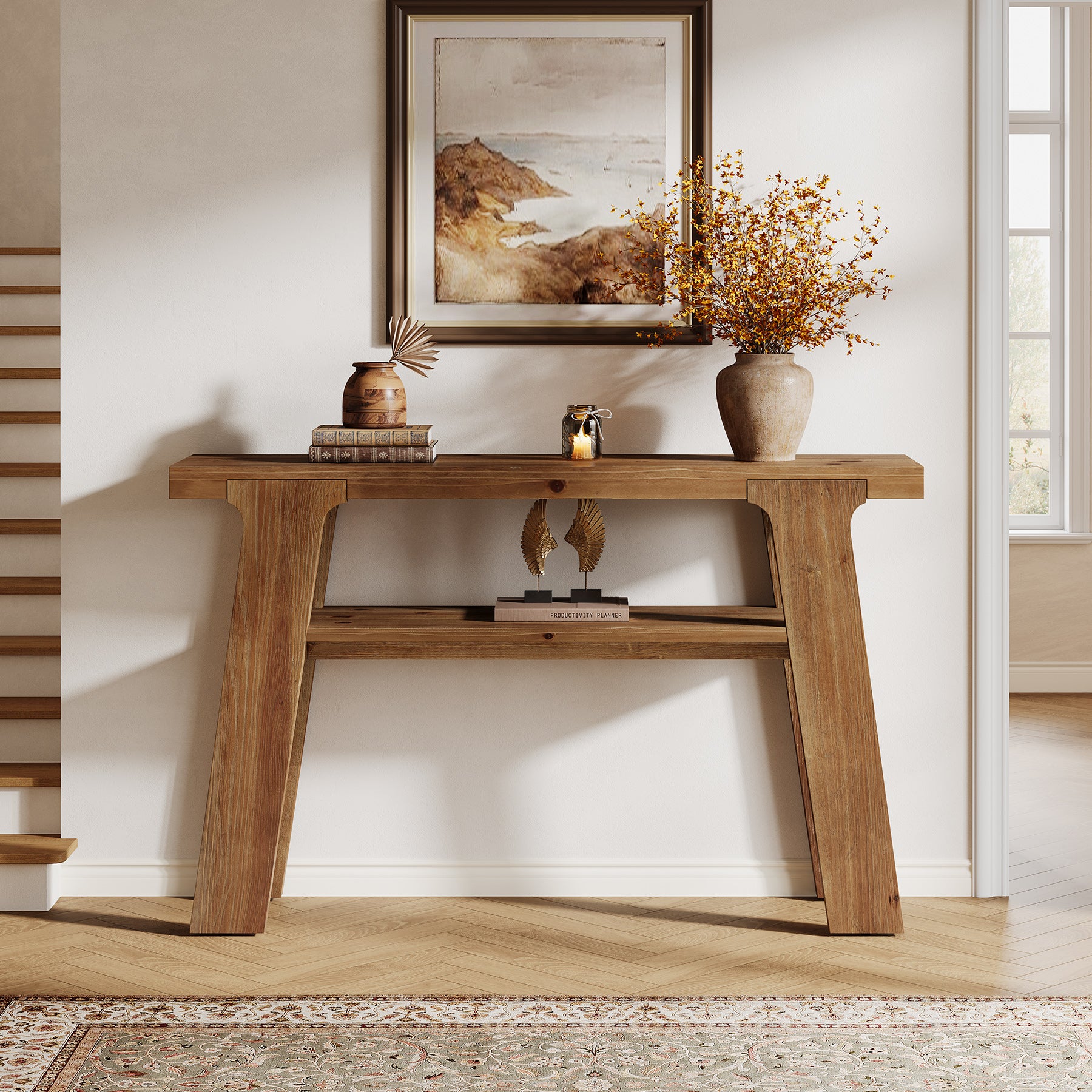 Tribesigns Massivholz-Konsolentisch 120 cm, Rustikaler Flur- und Sofatisch mit 2 Ablagen, Landhausstil
