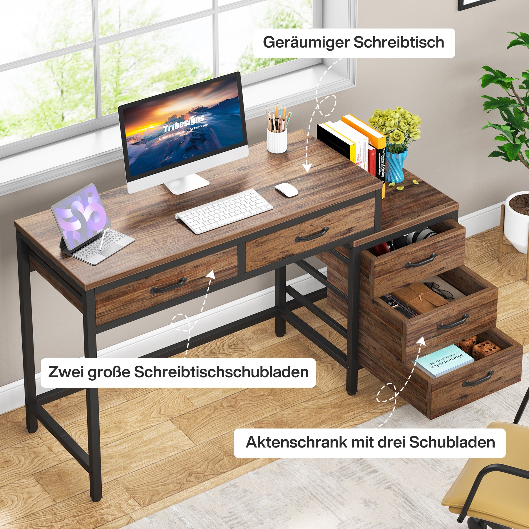 Computertisch mit 5 Schubladen, Schreibtisch fürs Arbeitszimmer mit umkehrbarem Schubladenschrank