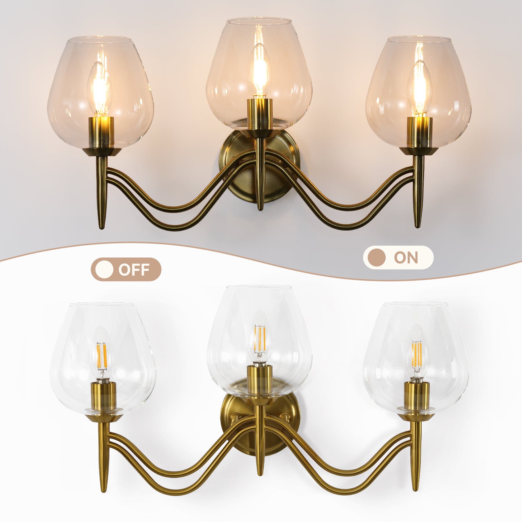 3-flammige Badleuchte 58 cm aus Messing, Spiegelleuchte mit Klarglas, E14 Badezimmerlampe
