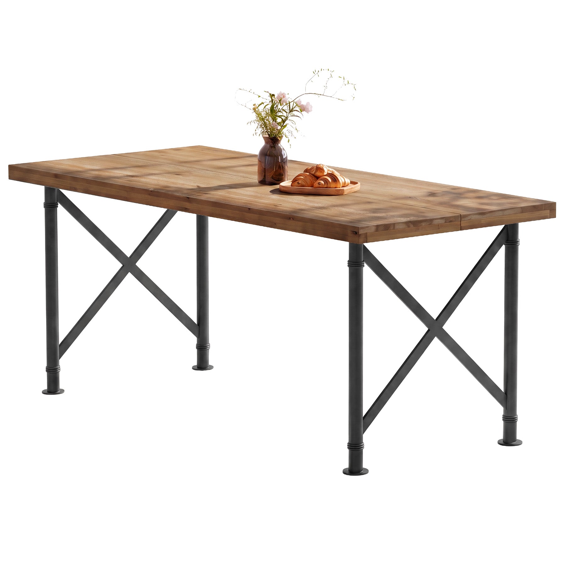 Massivholz Esstisch 160 × 80 cm für 4–6 Personen, Rechteckiger Küchentisch mit X-Metallgestell
