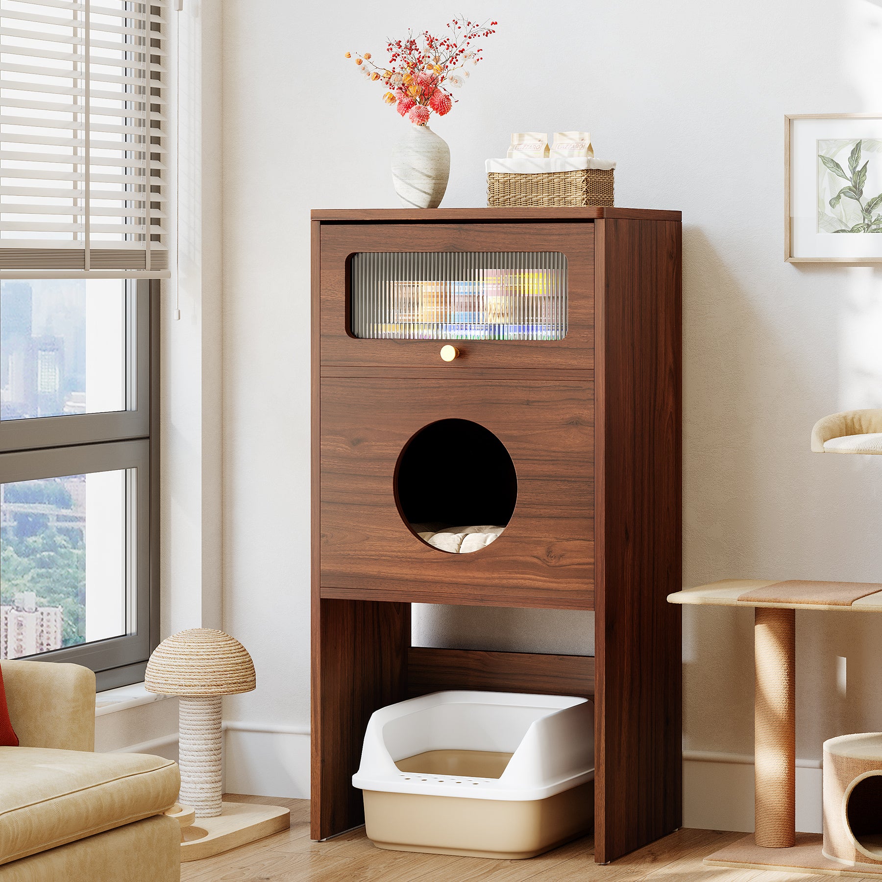 Katzenhaus Möbel mit Stauraum – Katzenklo Schrank & Beistelltisch 2-in-1, Indoor Katzenmöbel für kleine Wohnungen