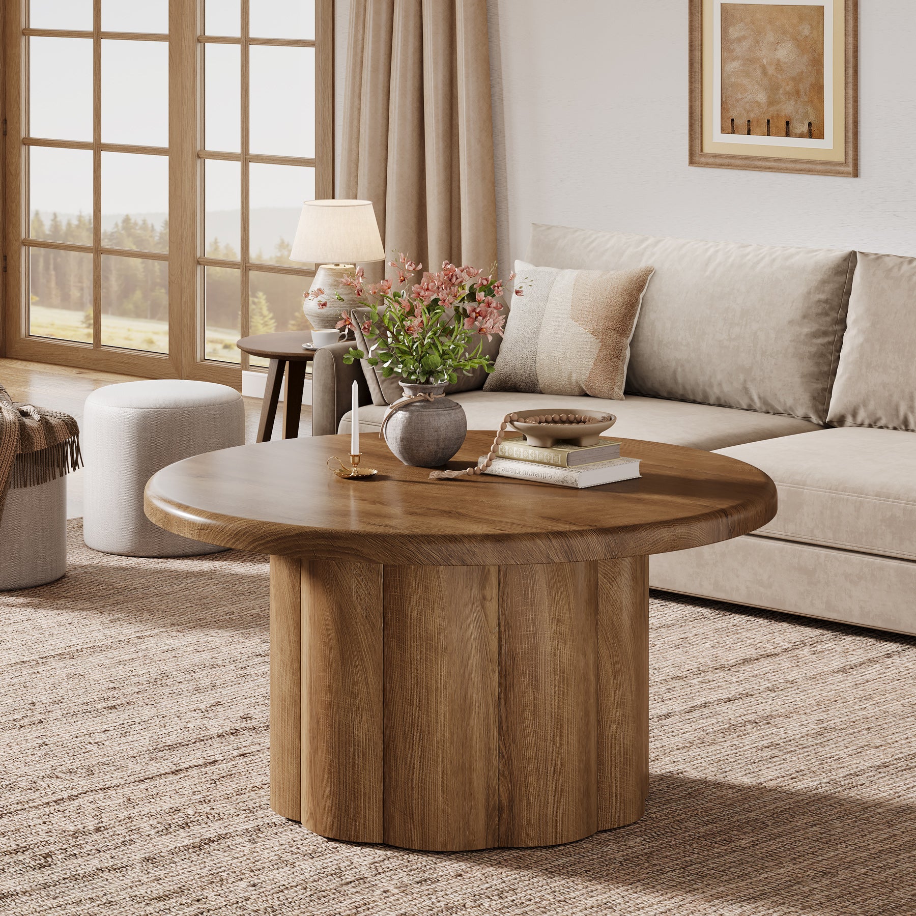 80 cm Couchtisch Rund, Landhaus Design Wohnzimmertisch mit Riffelbasis in Braun