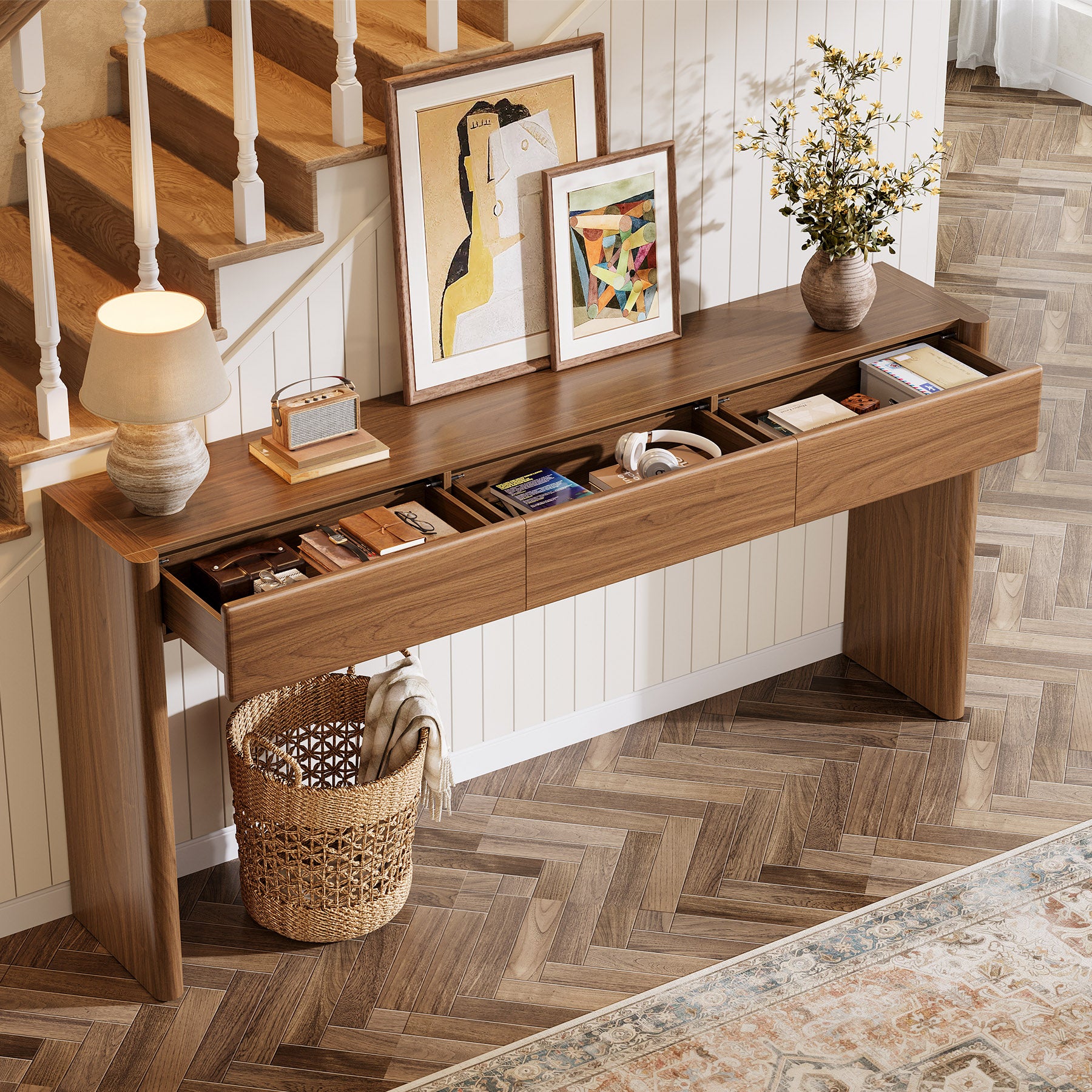 Konsolentisch 180 cm mit 3 Schubladen – Schmaler Flurtisch in Vintagebraun, Holz Sofatisch mit Ablage