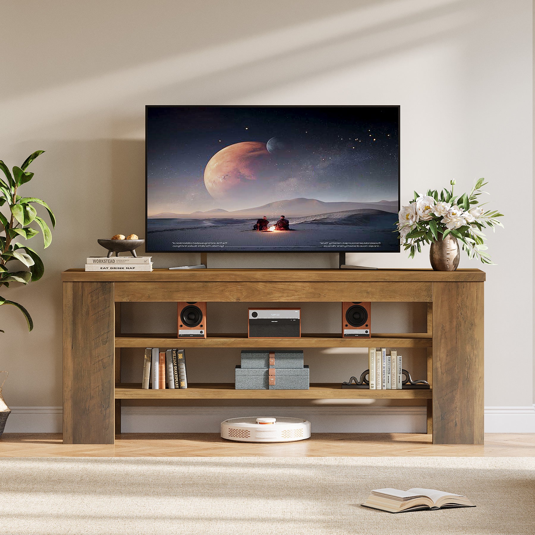TV Lowboard für 55 Zoll Fernseher, 120 cm Medienkonsole mit offenen Regalfächern & Soundbar-Ablage