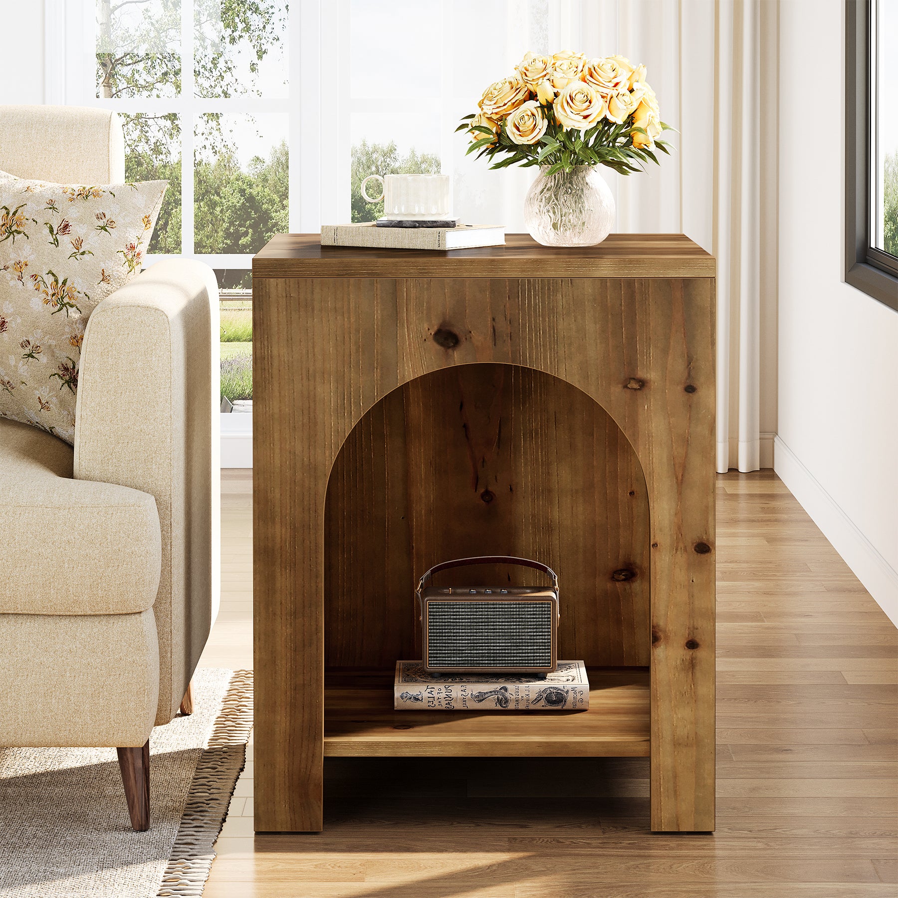 Tribesigns Beistelltisch im Landhausstil mit Rundbogen-Design, 2-stufiger Nachttisch mit Ablage