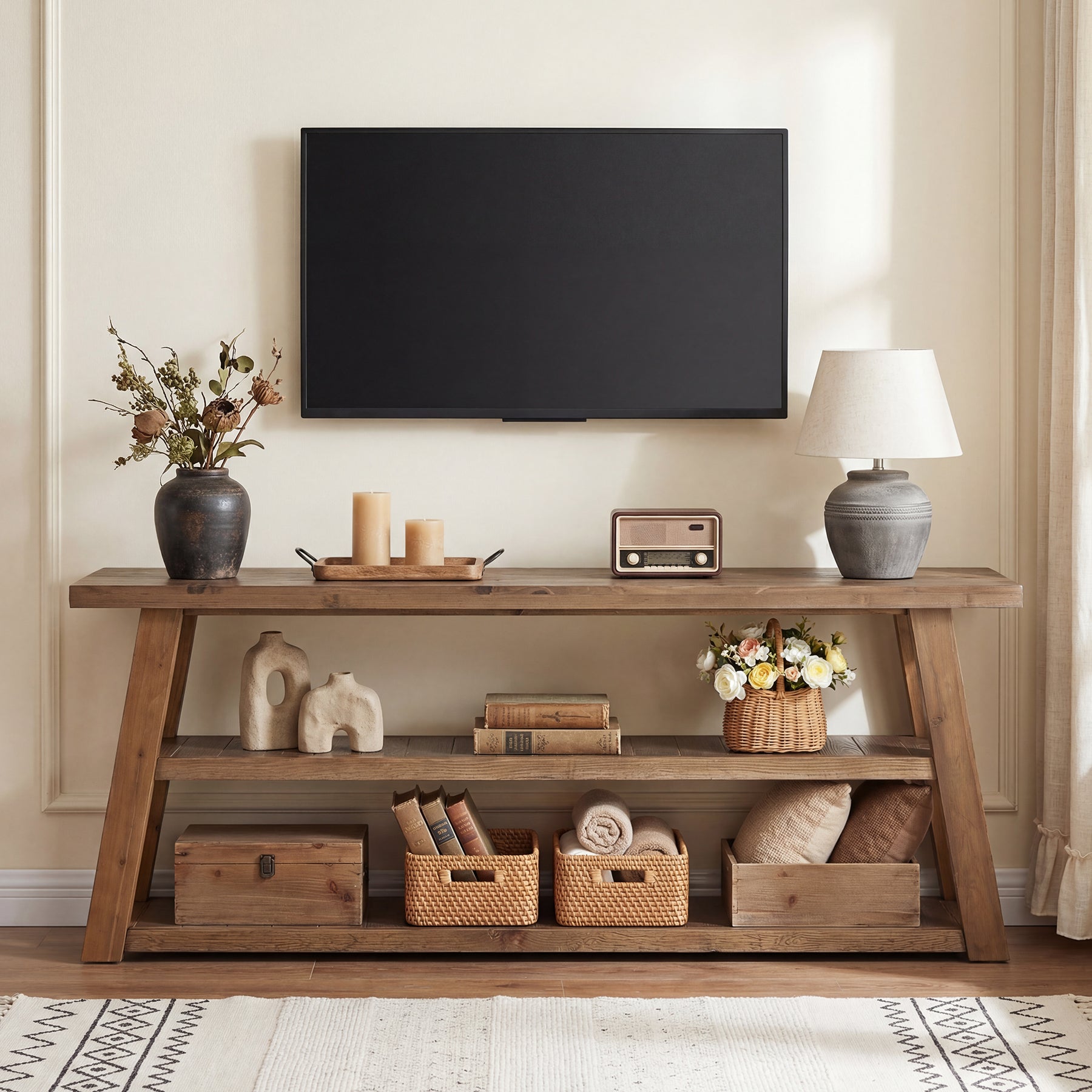 Tribesigns TV-Lowboard aus Massivholz 160 cm, TV-Schrank für Fernseher bis 70 Zoll mit 3 offenen Ablagen