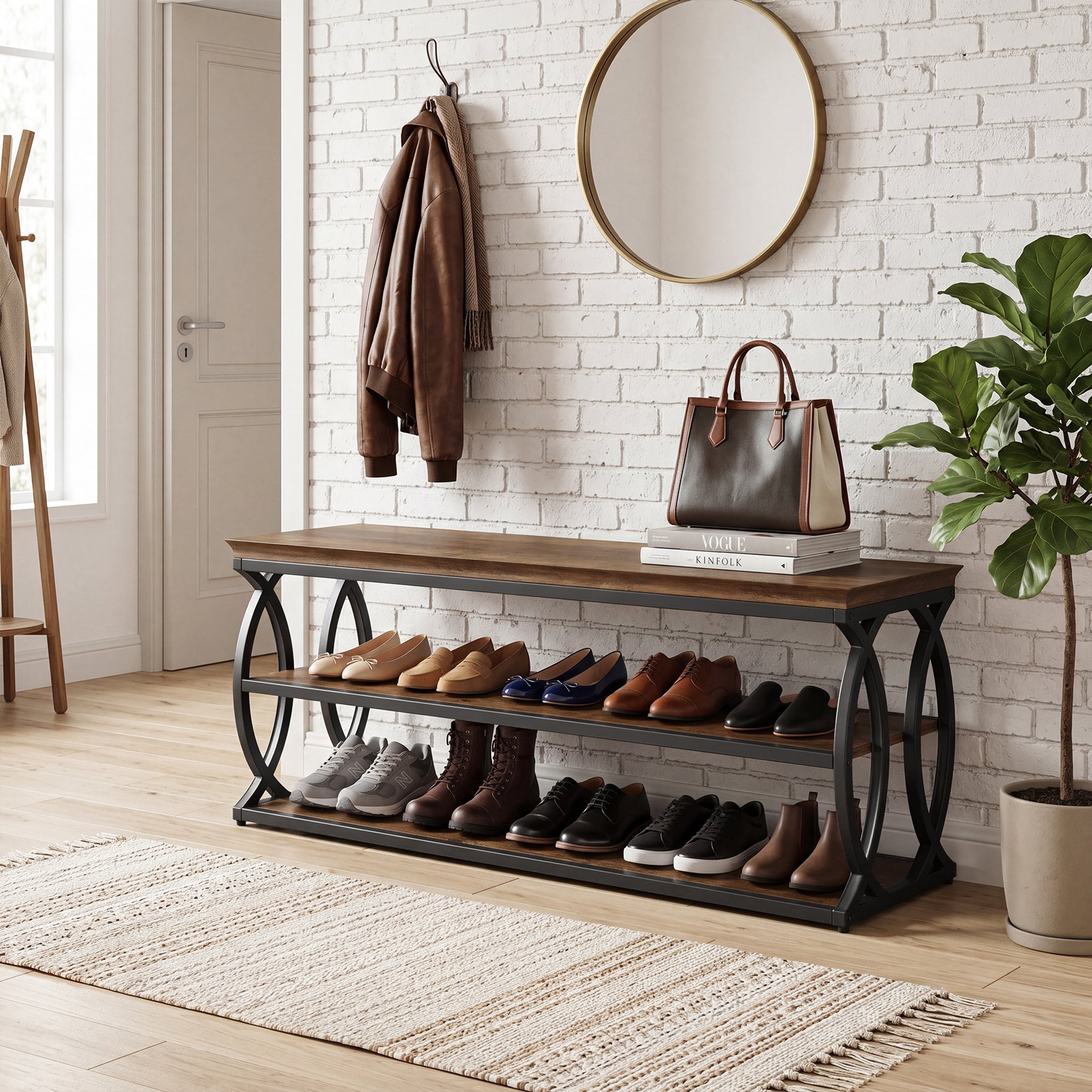 Tribesigns Schuhbank mit Stauraum 120 cm, 3-stufiges Schuhregal im Industrial-Landhausstil mit Sitzfläche