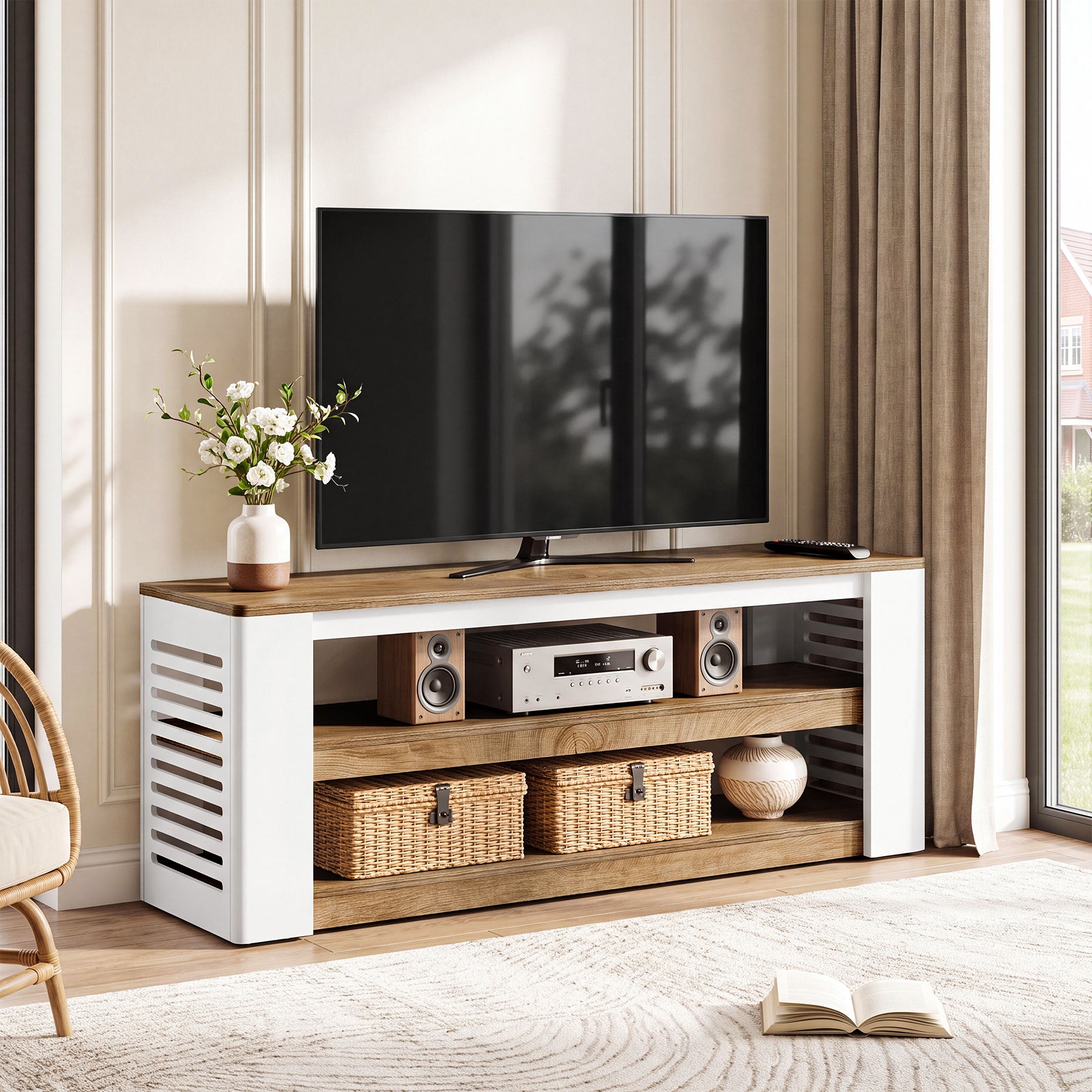 160 cm TV-Lowboard für Fernseher bis 75 Zoll, 3-stufiges TV-Möbel mit Stauraum und Lamellen-Seiten