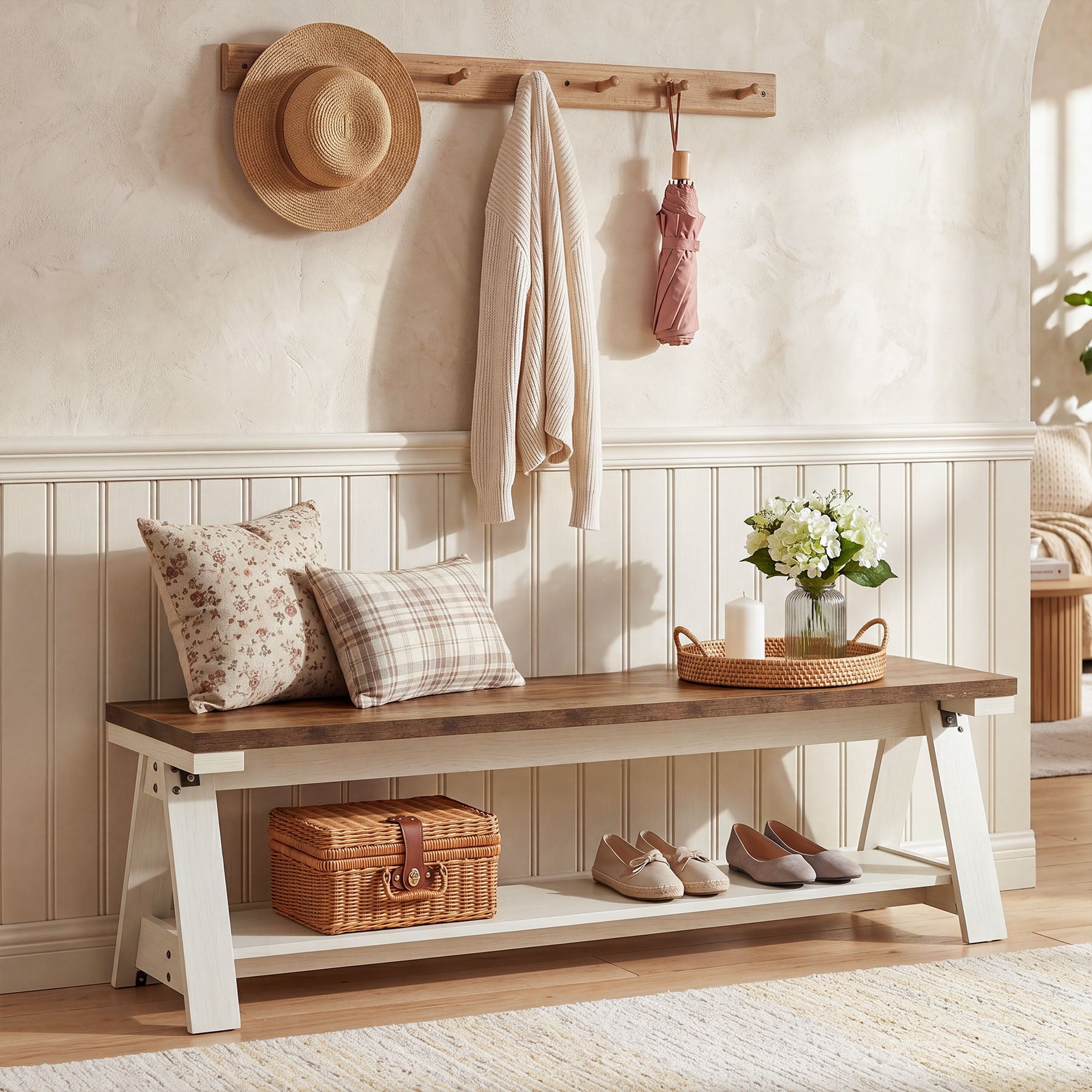 Tribesigns Sitzbank 150 cm aus Holz mit Ablage, Flurbank & Bettbank mit 2 Ebenen