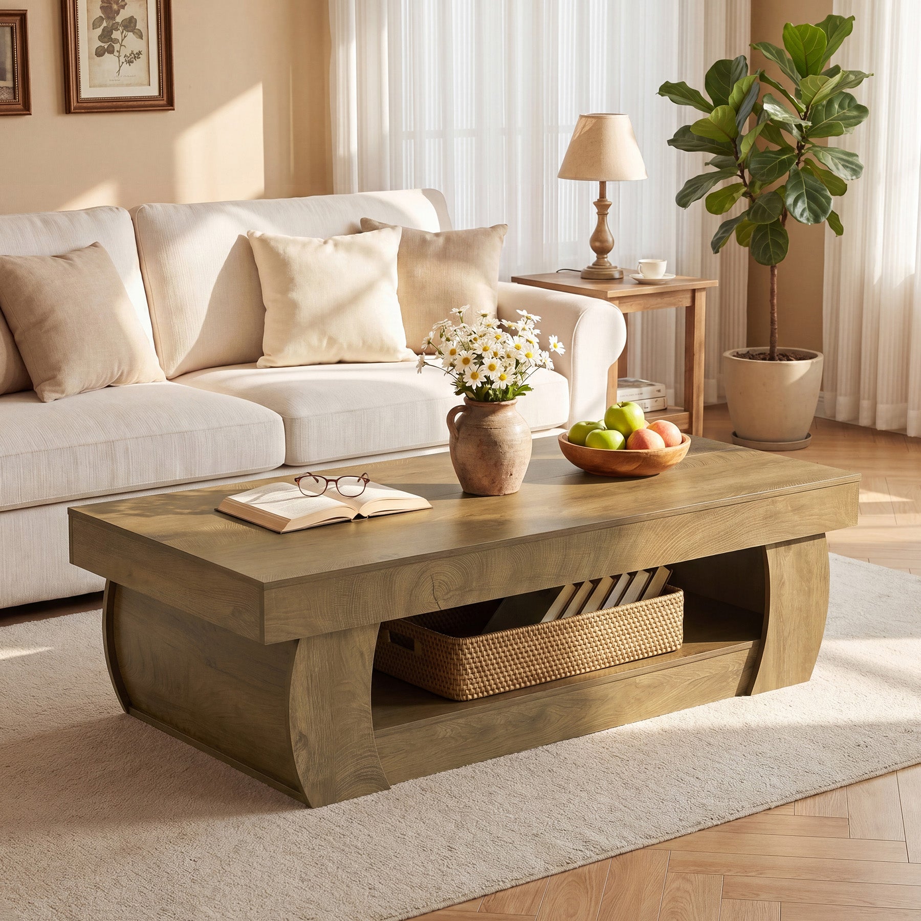 Tribesigns Großer Couchtisch 140 x 70 cm, Rechteckiger Wohnzimmertisch mit Ablage im Landhausstil