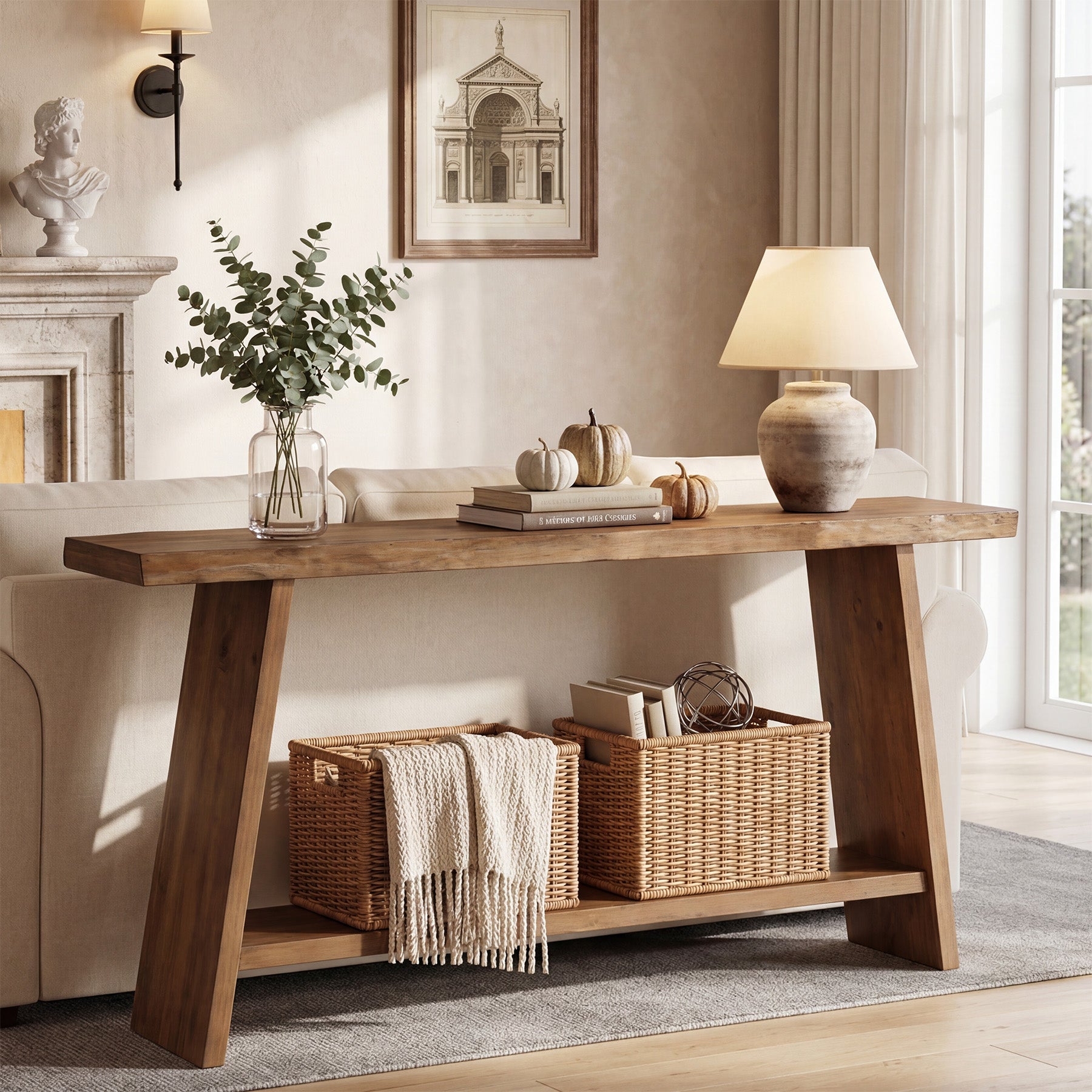 Tribesigns Massivholz Konsolentisch, 160 cm schmaler Flurtisch im Landhausstil mit 2 Ablagen