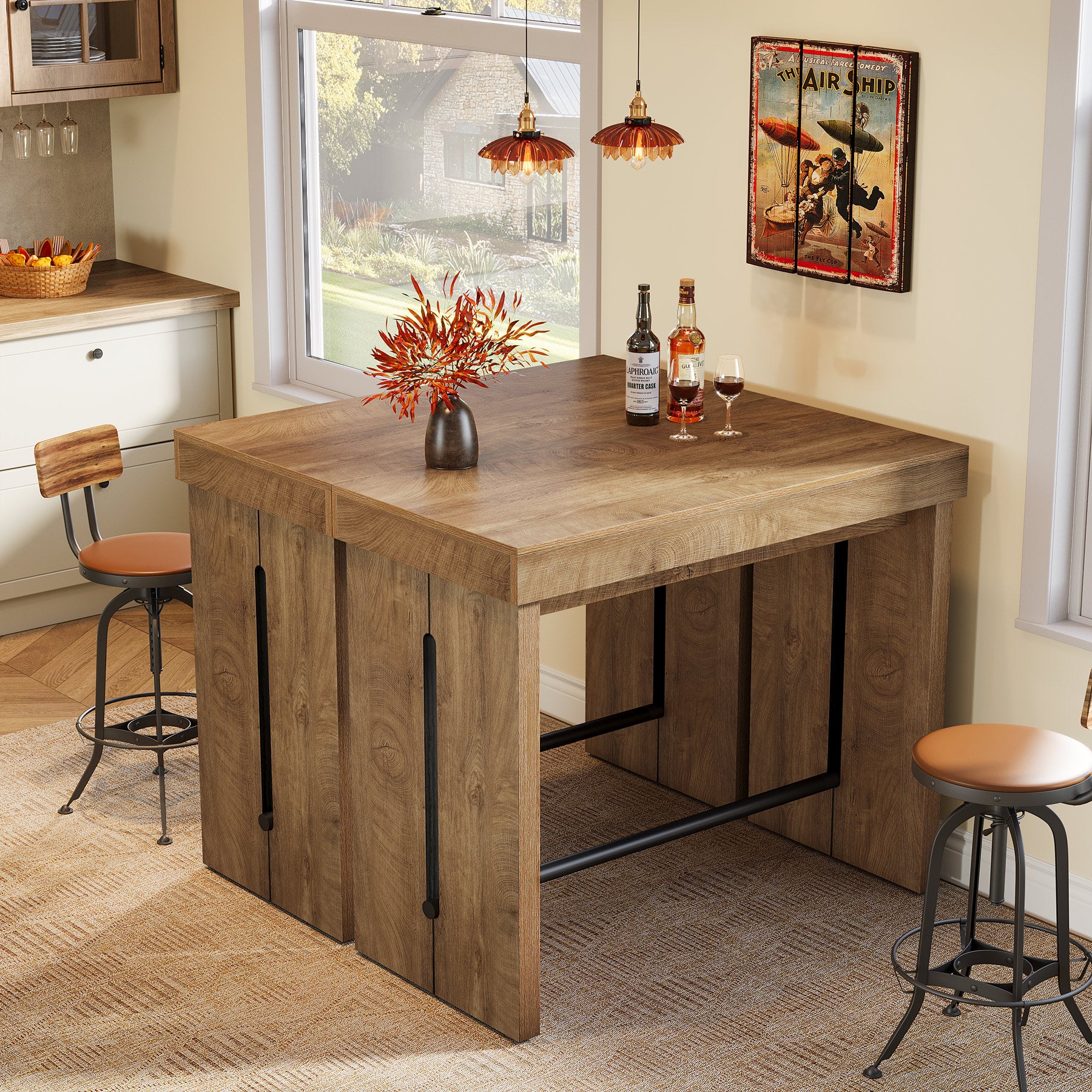 Tribesigns Bartisch 105 cm, Hochtisch mit Fußstütze, Kücheninsel & Bistrotisch im Landhausstil