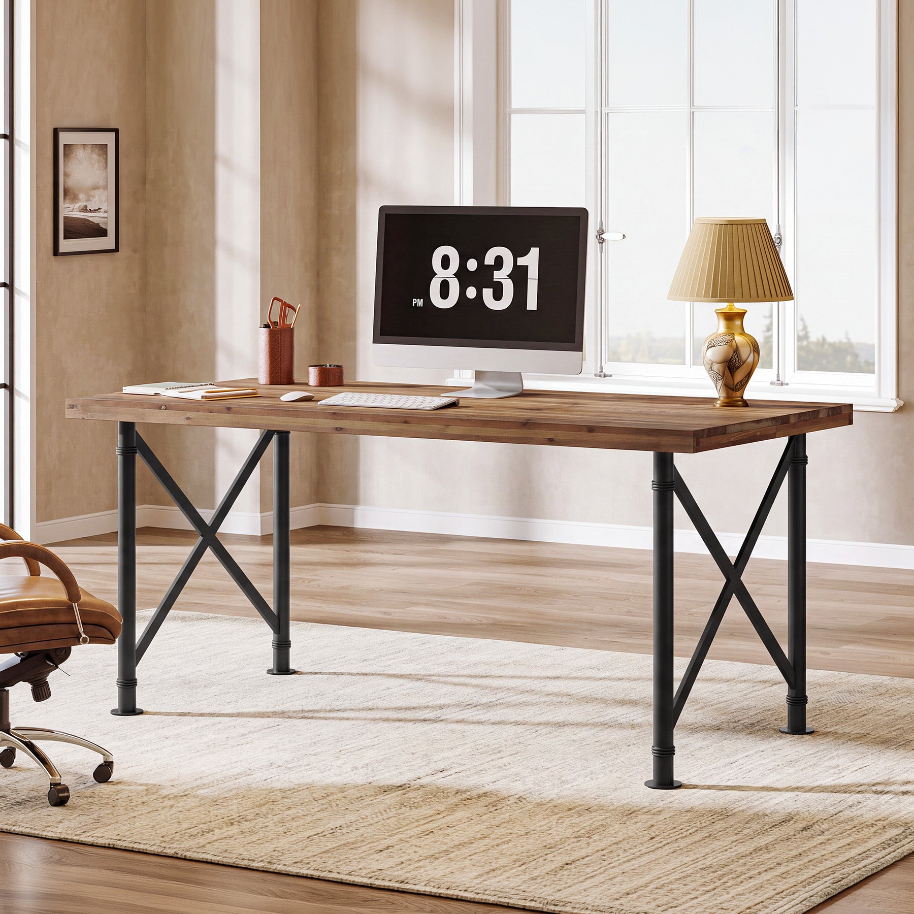 Massivholz Schreibtisch 160 × 80 cm, Computertisch mit X-Metallbeinen für Homeoffice