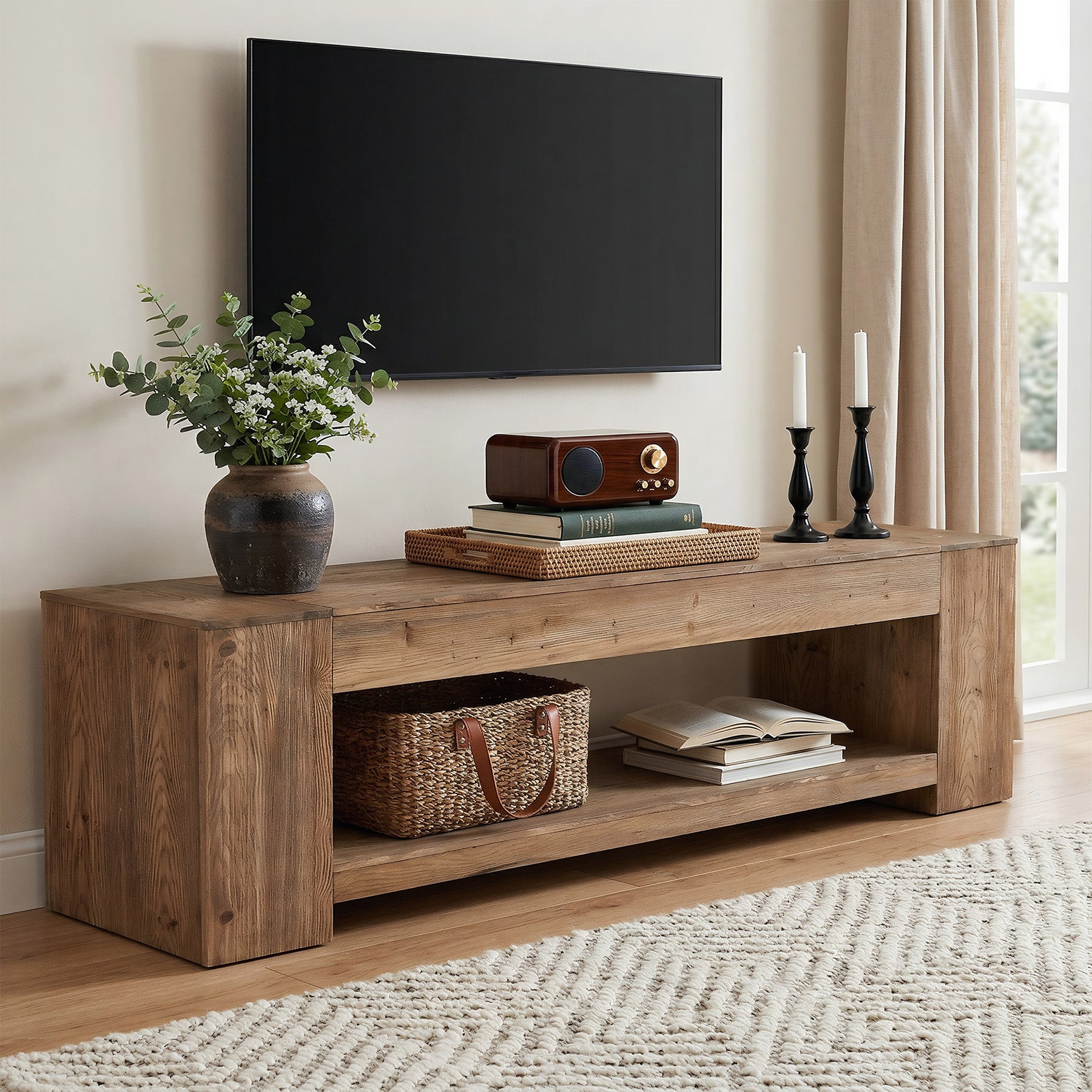 Tribesigns Massivholz TV-Lowboard 160 cm für Fernseher bis 75 Zoll, Landhaus TV-Schrank mit offener Ablage