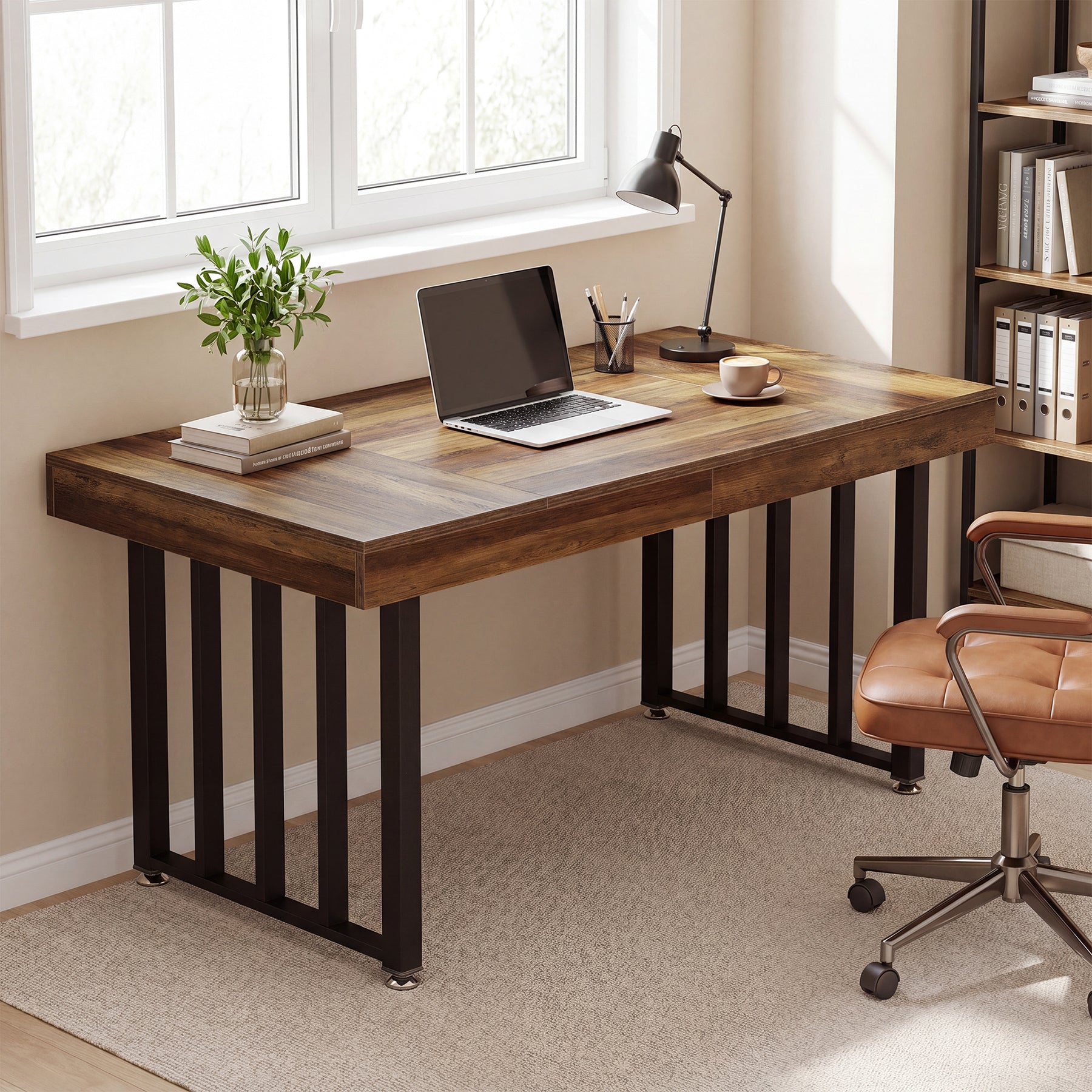 Tribesigns Schreibtisch 140 cm, Großer Computertisch mit Metallgestell, Moderner Bürotisch für Homeoffice