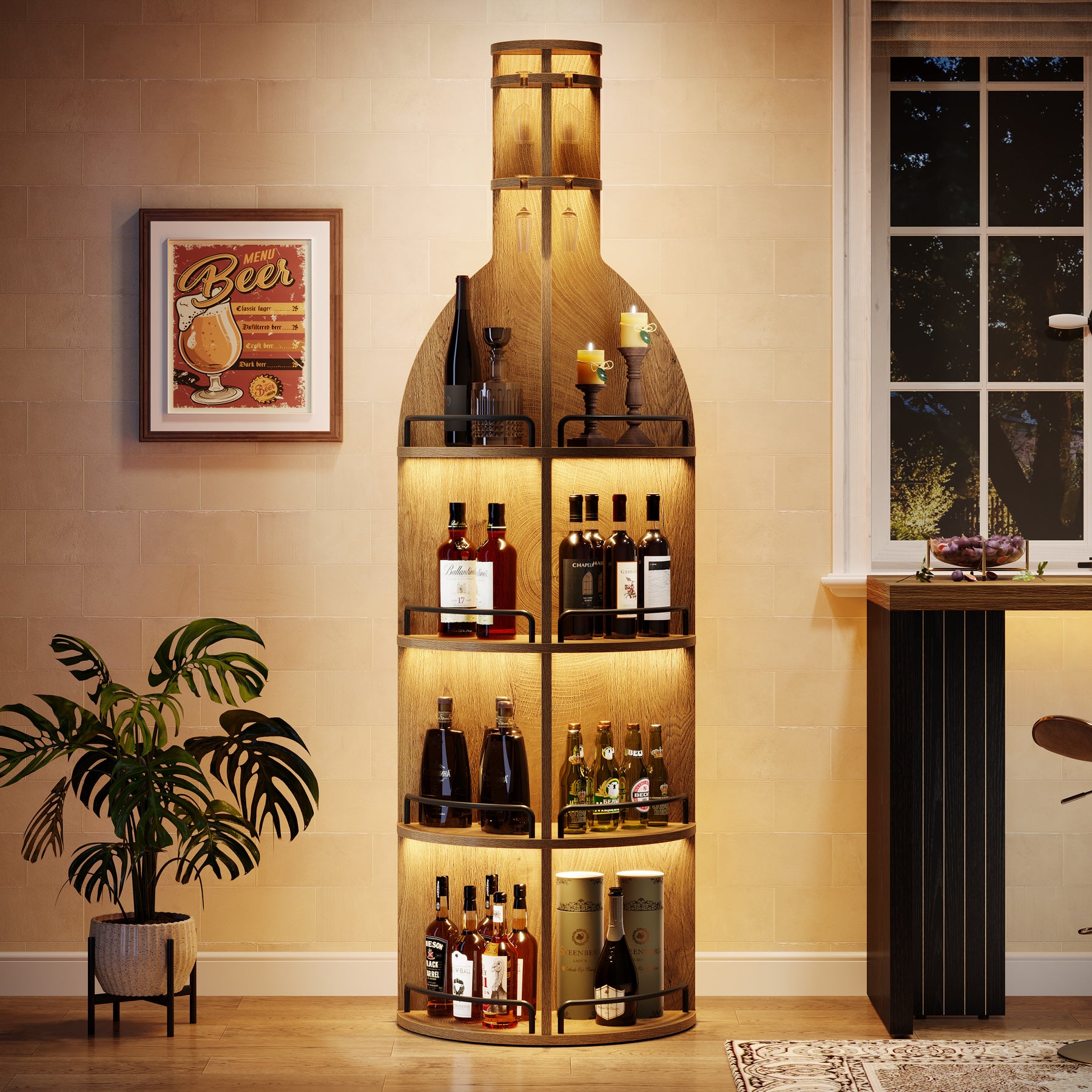 190 cm Hohes Weinregal mit Ablagen, Rundes Industrie-Weinregal mit Gläserhalter, Freistehender Barschrank