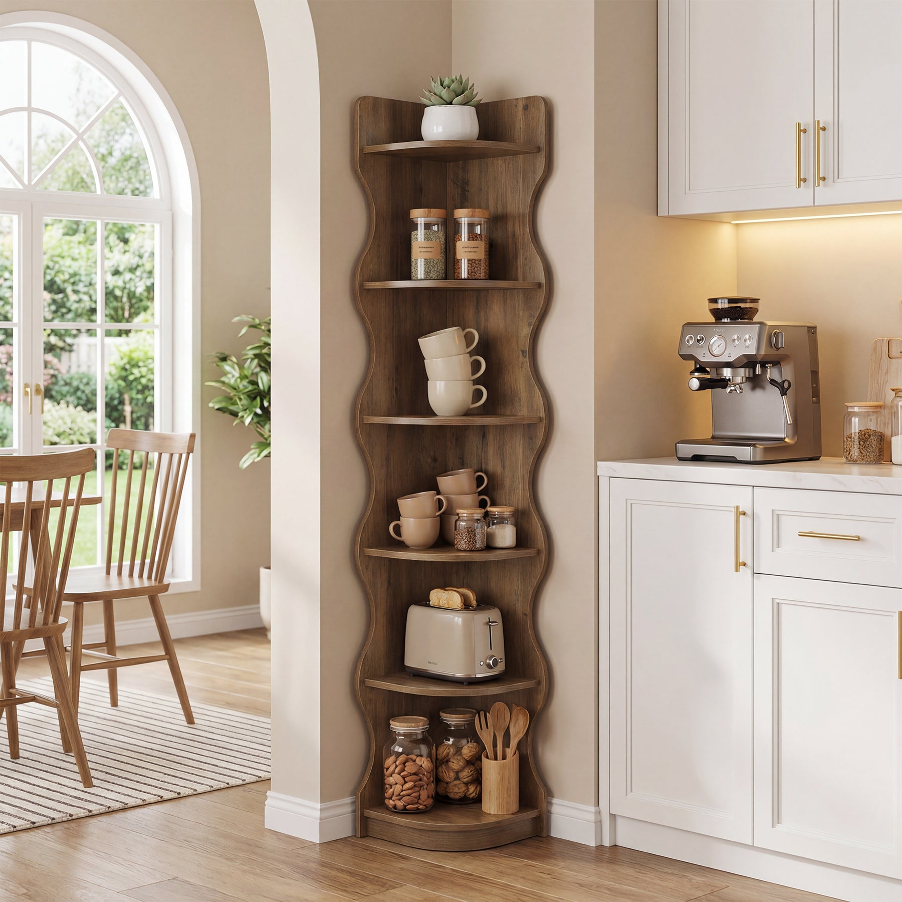 6-stufiges Eckregal 180 cm – Modernes Standregal mit geschwungenem Design, Pflanzen- & Bücherregal für Wohnzimmer