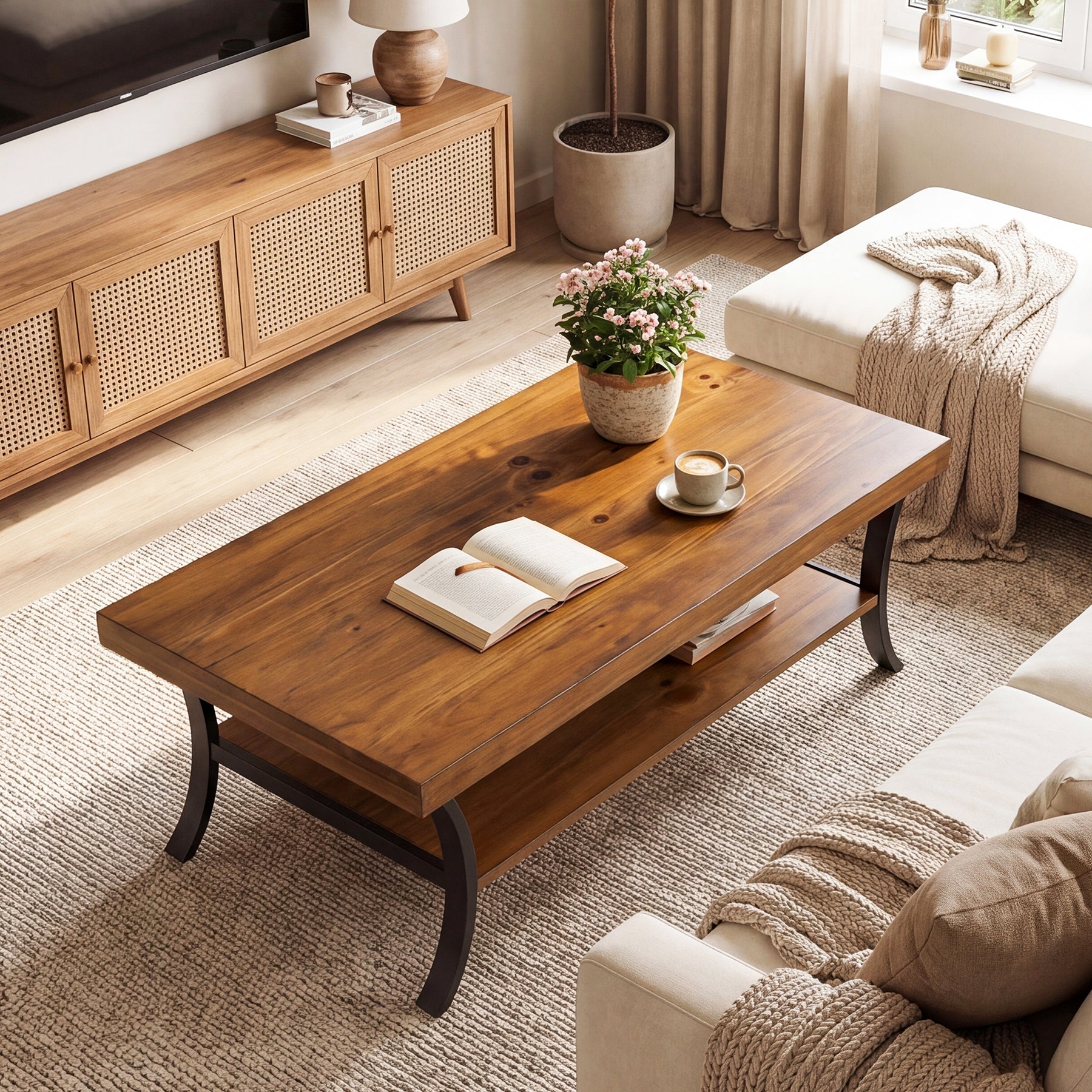 Tribesigns Massivholz Couchtisch 120 cm mit Ablage, 2-stufiger Wohnzimmertisch mit geschwungenen Metallbeinen