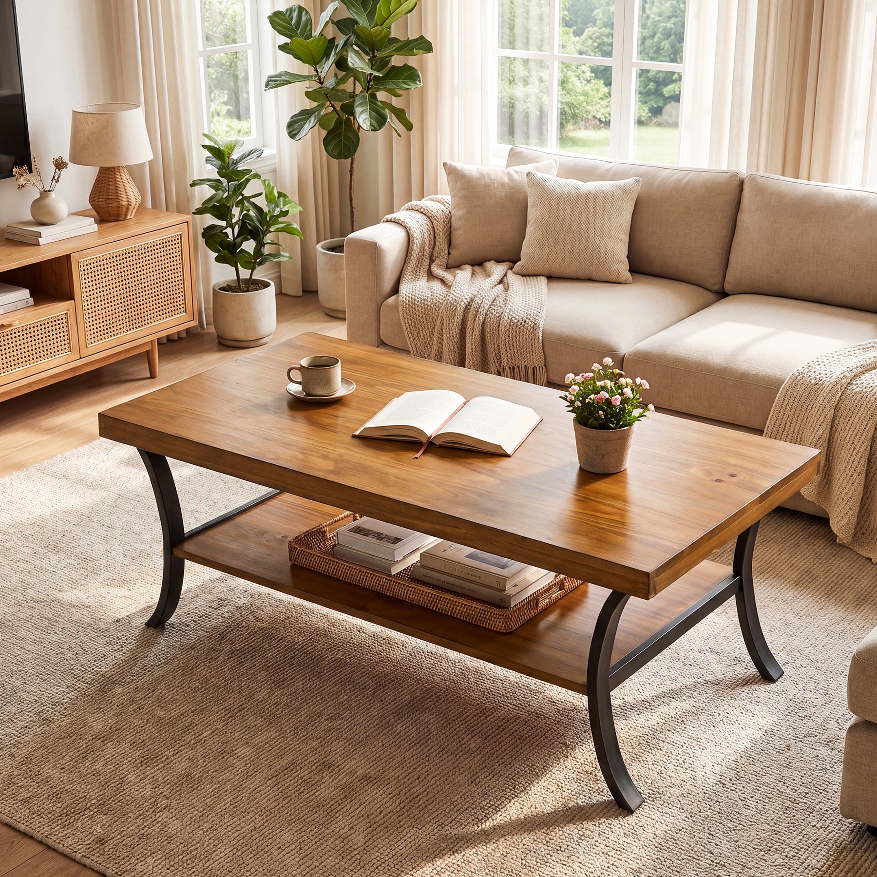 Tribesigns Massivholz Couchtisch 120 cm mit Ablage, 2-stufiger Wohnzimmertisch mit geschwungenen Metallbeinen