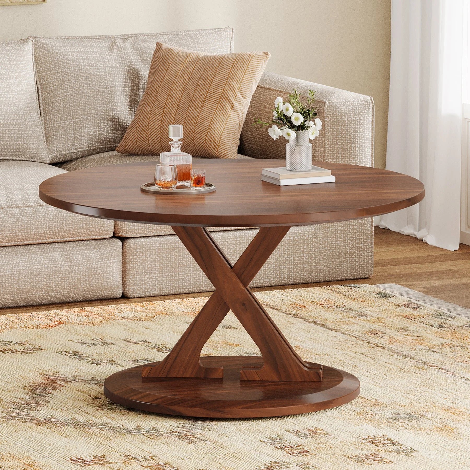 80 cm Couchtisch, Mid-Century Akzent-Mitteltisch mit X-förmigem Sockel
