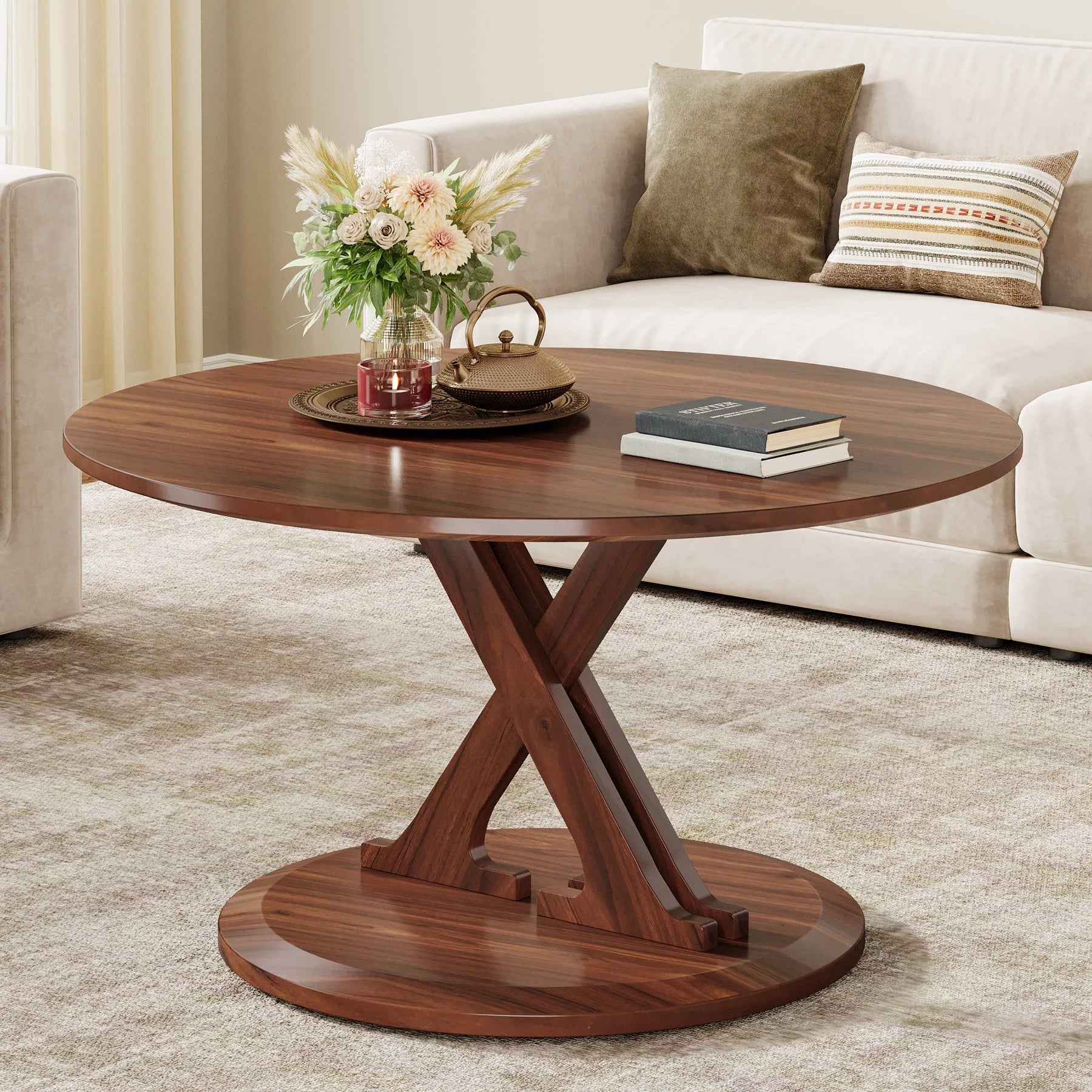 80 cm Couchtisch, Mid-Century Akzent-Mitteltisch mit X-förmigem Sockel