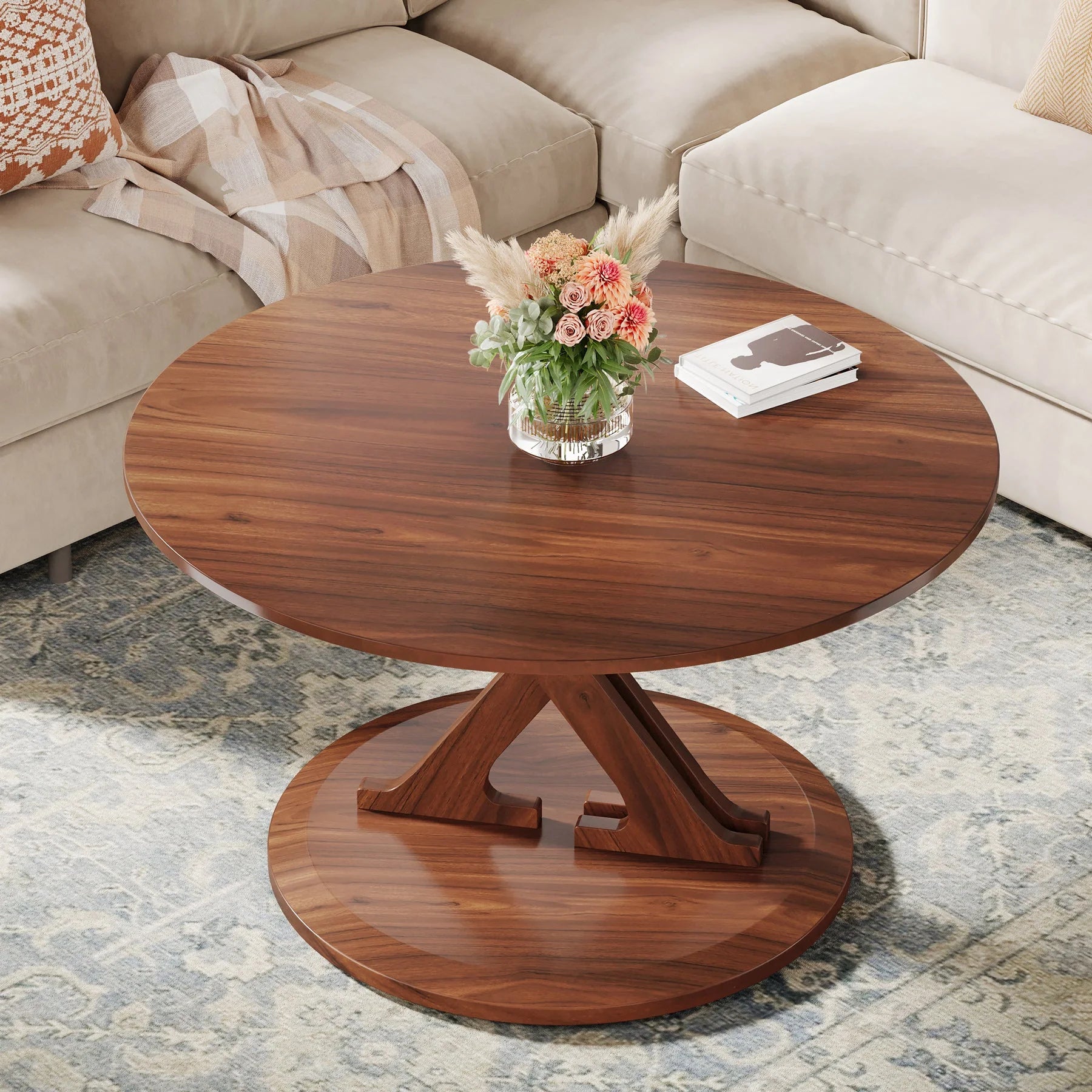 80 cm Couchtisch, Mid-Century Akzent-Mitteltisch mit X-förmigem Sockel