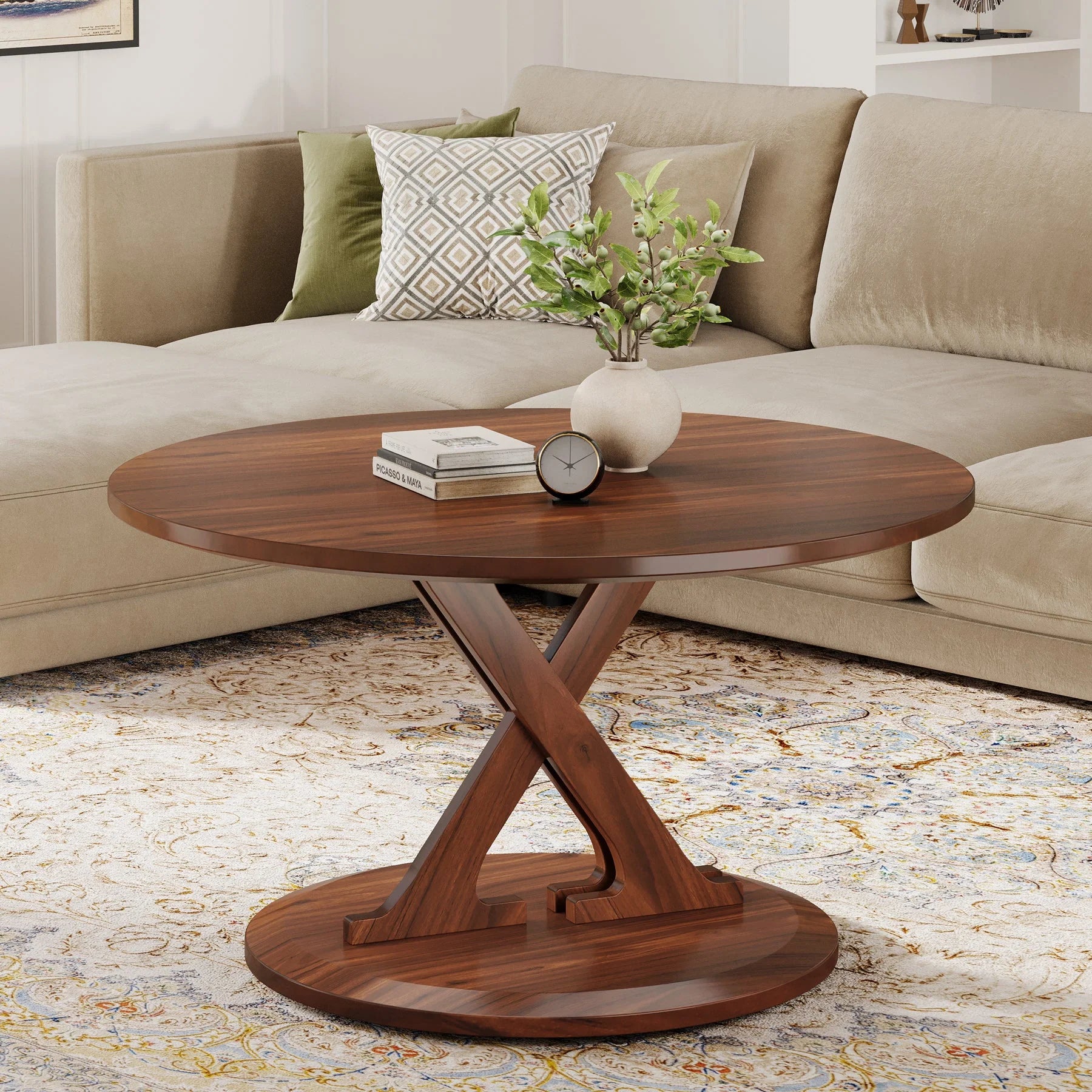 80 cm Couchtisch, Mid-Century Akzent-Mitteltisch mit X-förmigem Sockel
