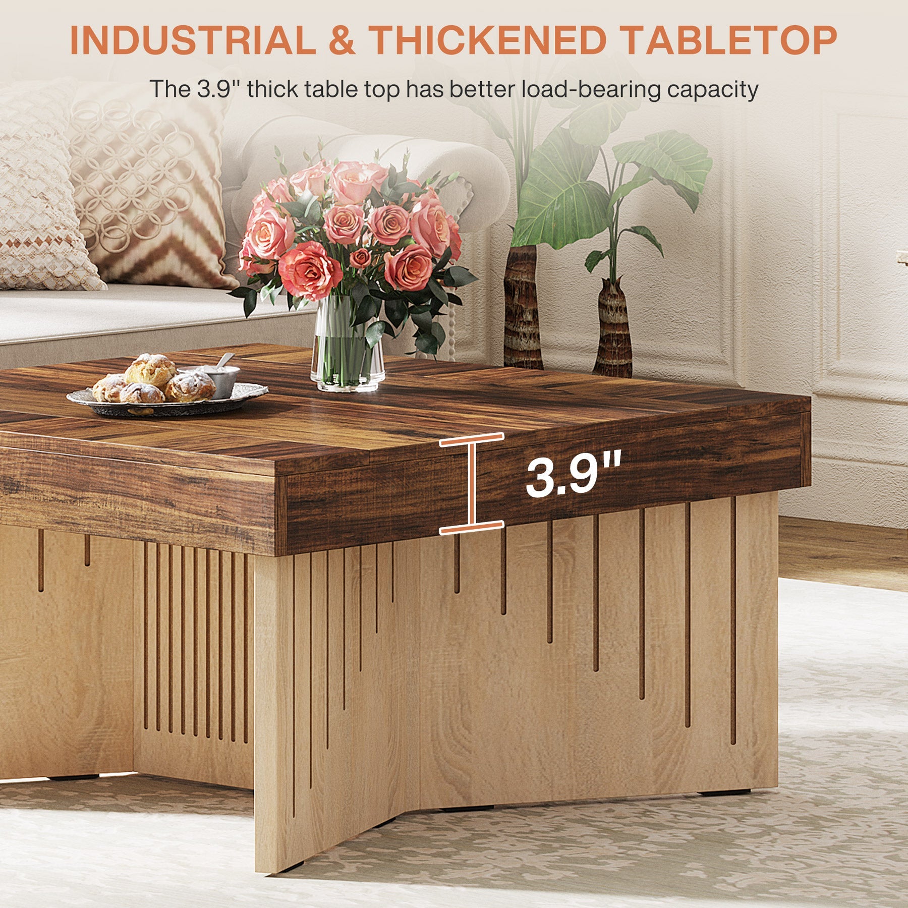 90cm Couchtisch, quadratischer Holz-Mitteltisch mit eingraviertem Liniendesign
