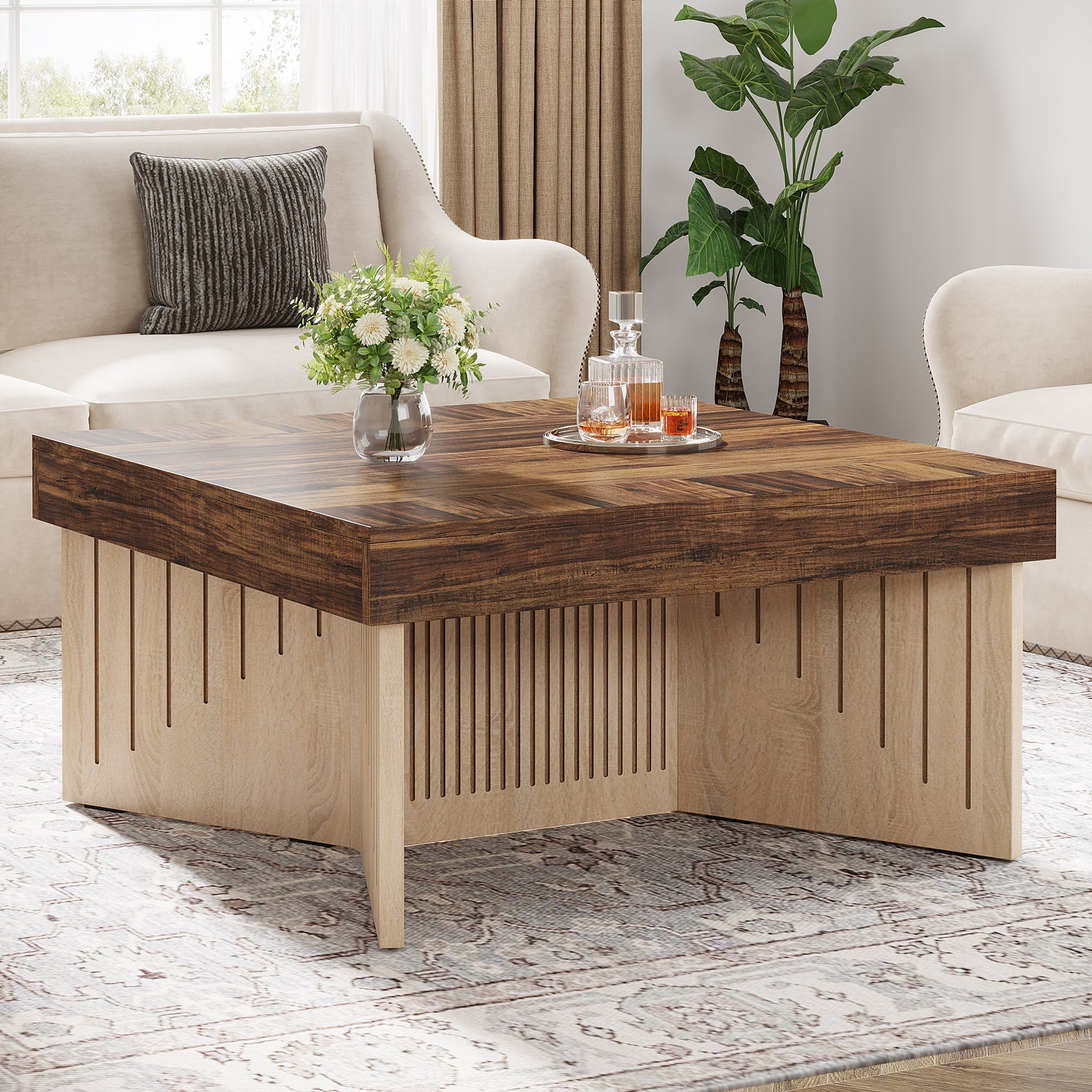 90cm Couchtisch, quadratischer Holz-Mitteltisch mit eingraviertem Liniendesign