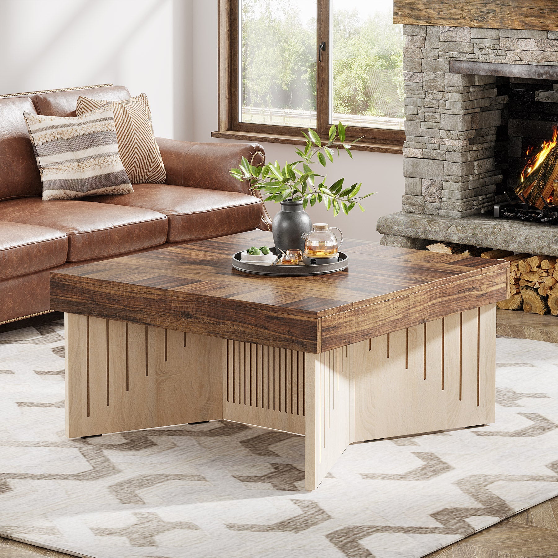 90cm Couchtisch, quadratischer Holz-Mitteltisch mit eingraviertem Liniendesign