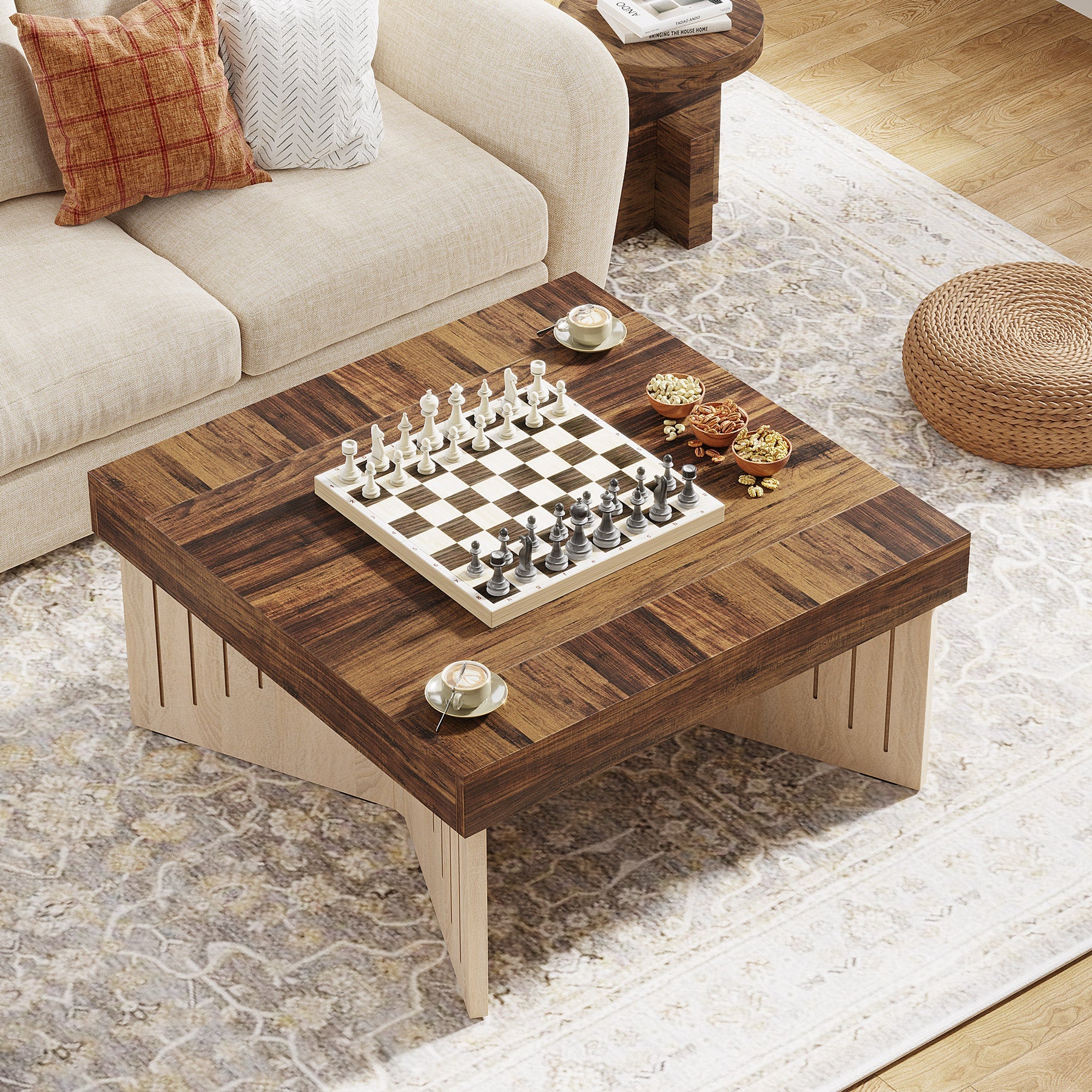 90cm Couchtisch, quadratischer Holz-Mitteltisch mit eingraviertem Liniendesign