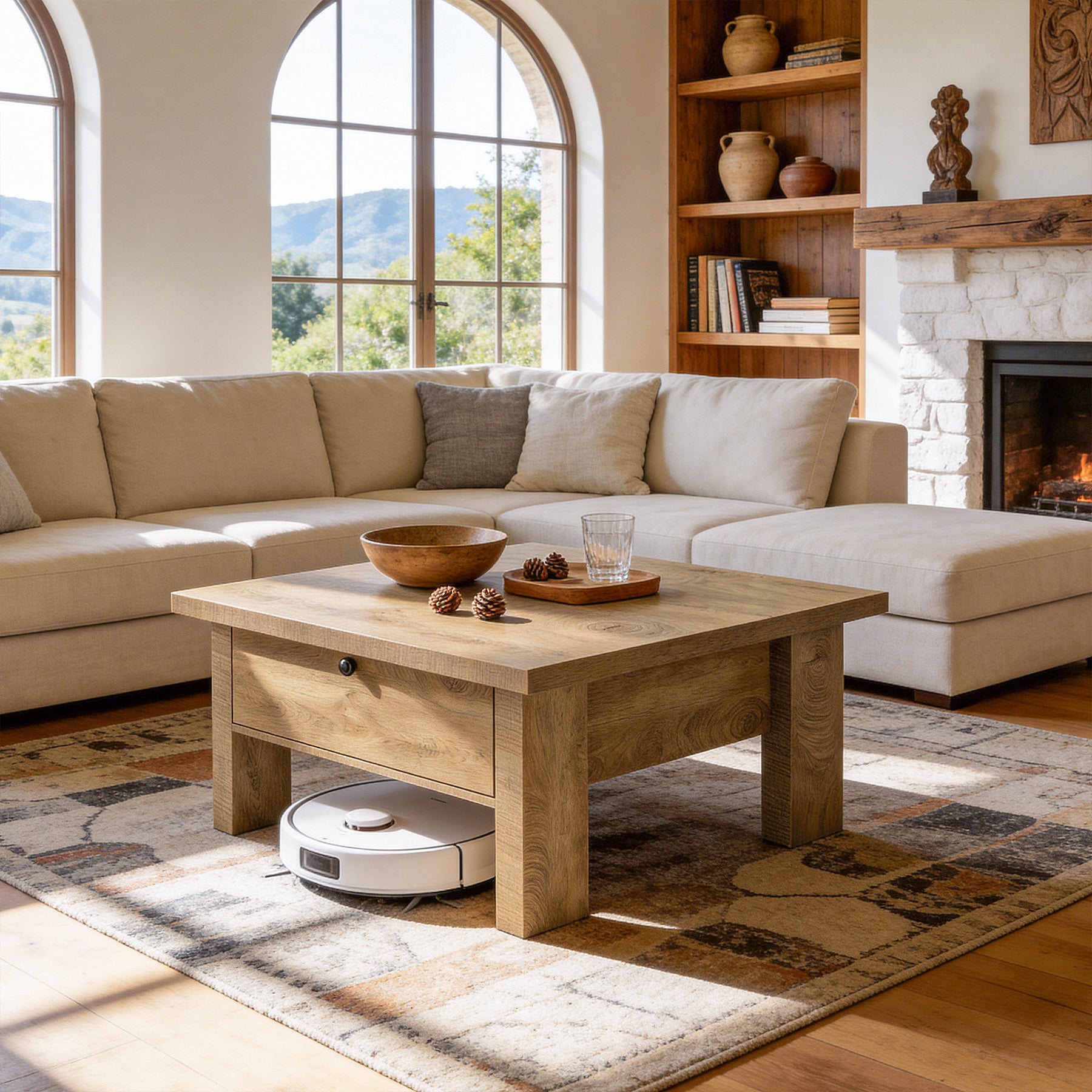 Tribesigns Quadratischer Couchtisch 80 cm mit Schublade, Landhaus Wohnzimmertisch mit verstecktem Stauraum