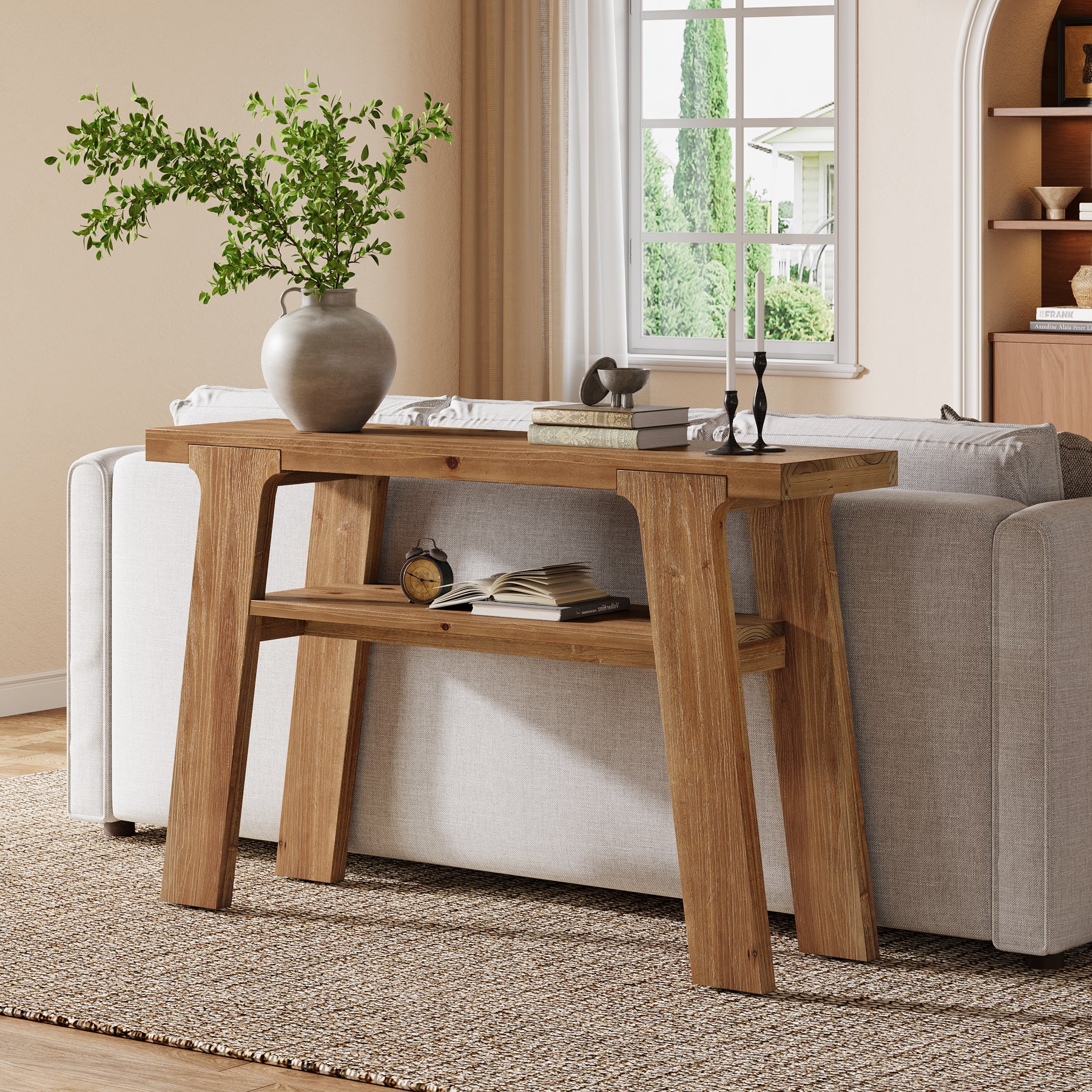 Tribesigns Massivholz-Konsolentisch 120 cm, Rustikaler Flur- und Sofatisch mit 2 Ablagen, Landhausstil
