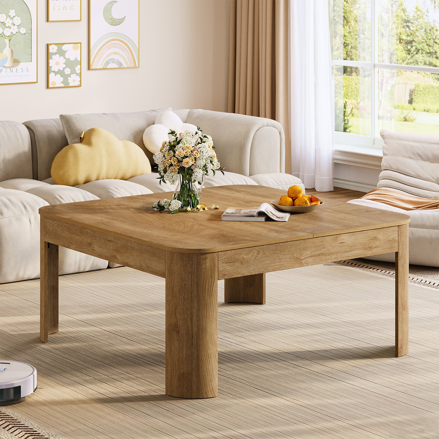 Quadratischer Couchtisch 100 cm im Landhausstil, Wohnzimmertisch mit stabilen geschwungenen Beinen