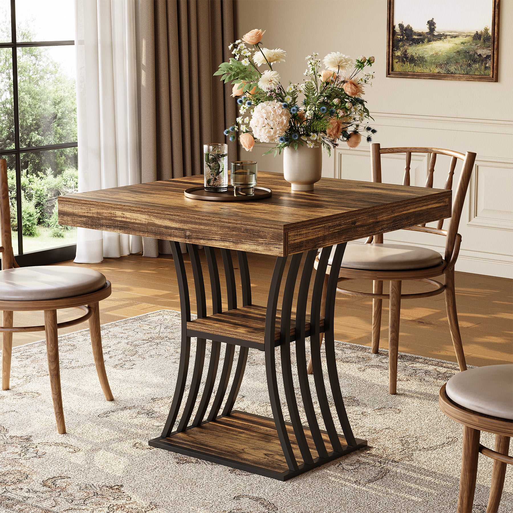 Tribesigns 80 cm Quadratischer Industrial Esstisch für 4 Personen, 2 Ablagefächer, Küchentisch für Wohnzimmer & Esszimmer