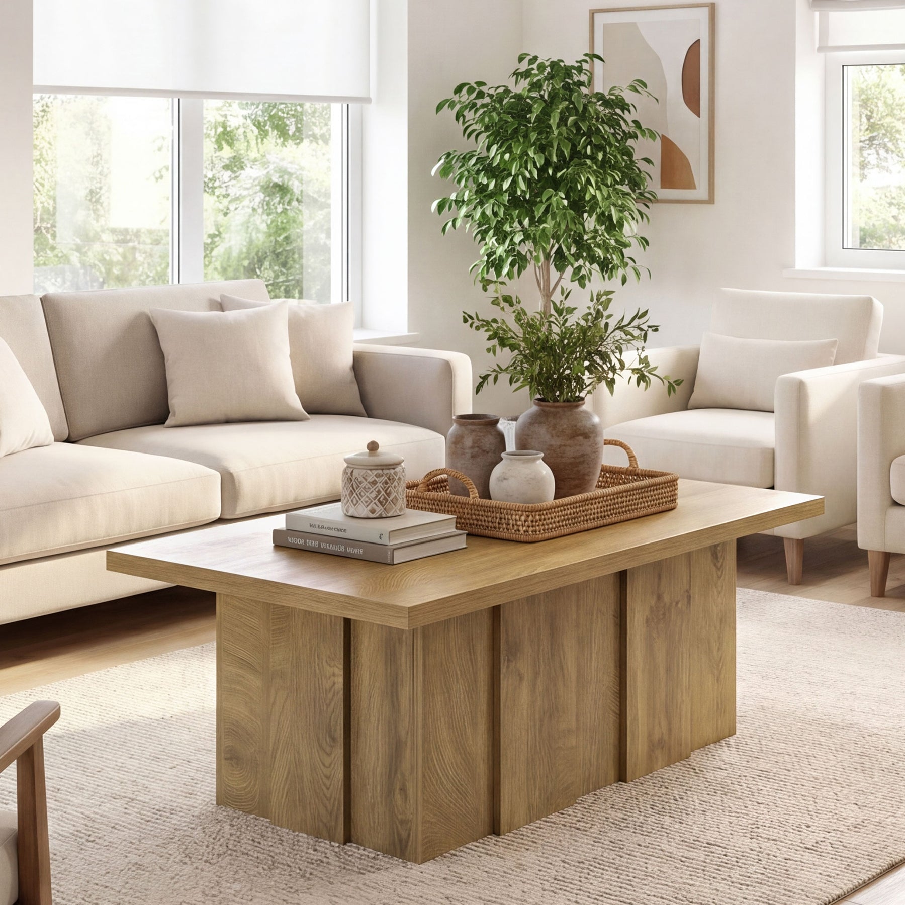 Tribesigns Couchtisch 120 cm, Rechteckiger Wohnzimmertisch im modernen Landhausstil mit Geriffeltem Sockel
