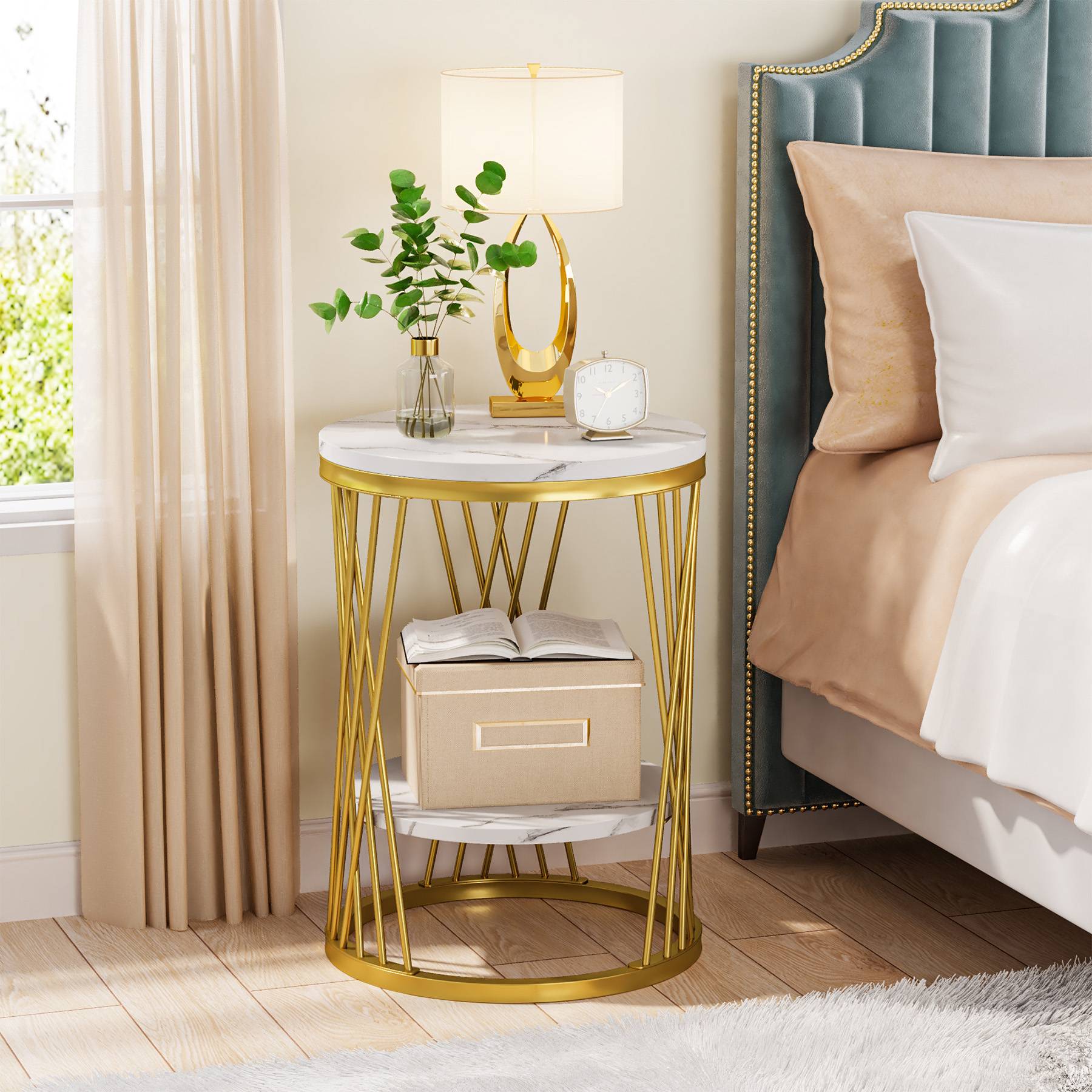 End Table, 2-Tier Round Bedside Table with Faux Marble Shelves Tribesigns