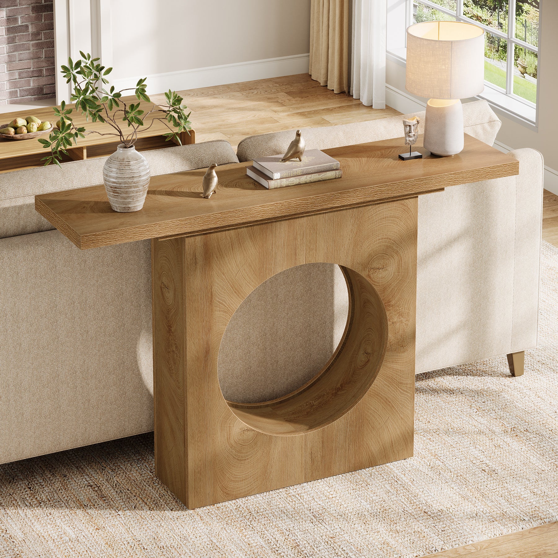 Tribesigns Schmaler Konsolentisch 105 cm, moderner Flurtisch in Holzoptik mit rundem Design-Ausschnitt