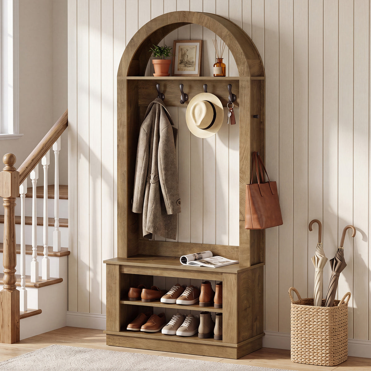 Tribesigns Garderobe mit Sitzbank & Schuhablage, 5-in-1 Flurgarderobe mit 12 Haken, Wandregal & Schuhregal