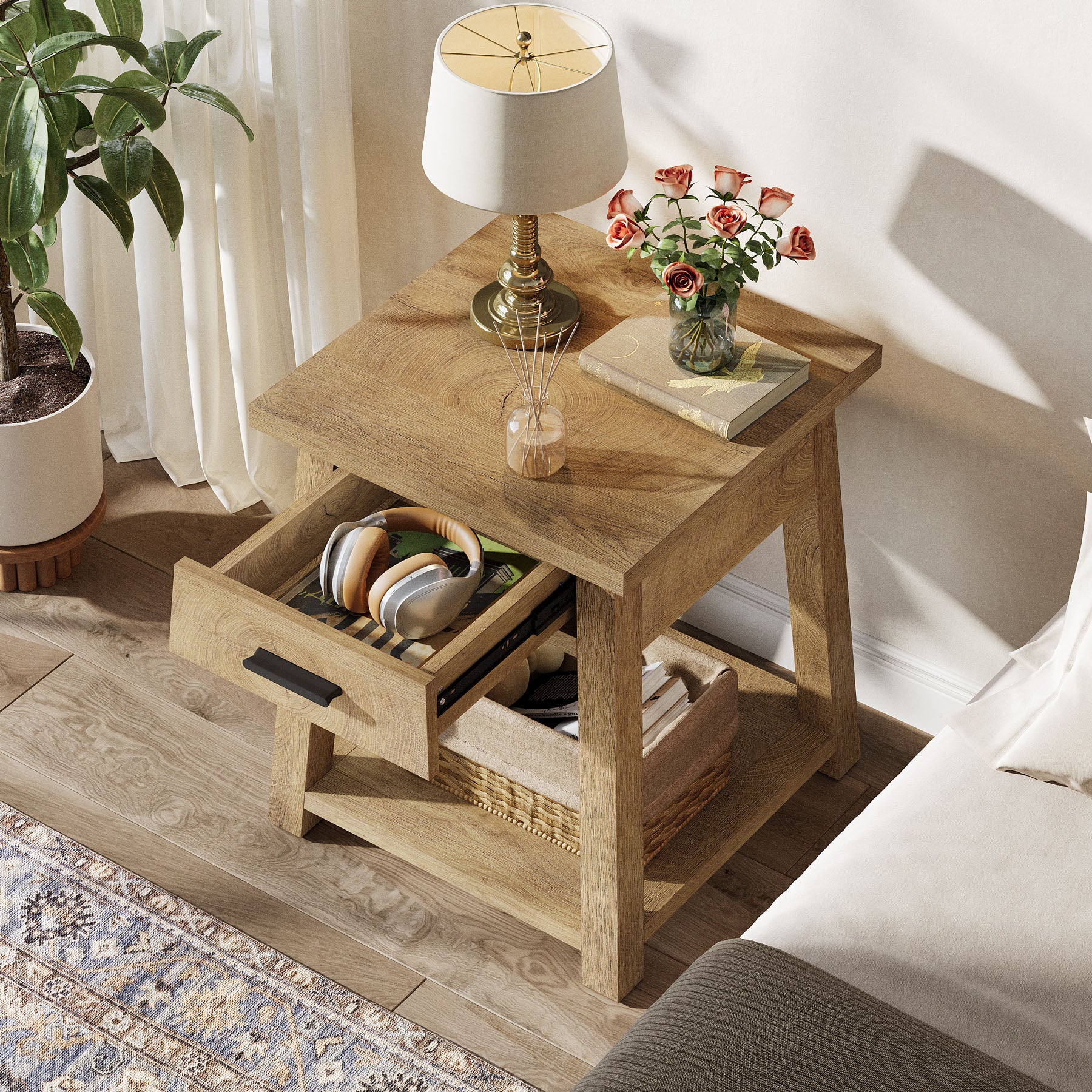 Tribesigns Nachttisch mit Schublade und Ablage, Beistelltisch im Landhausstil für Schlafzimmer und Wohnzimmer