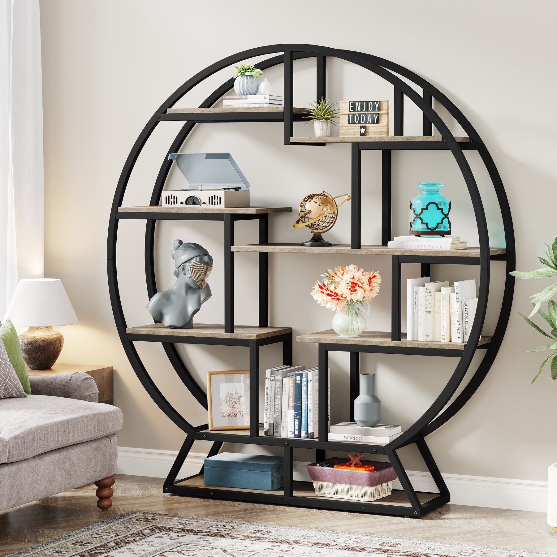 Rundes Bücherregal, 150cm Etagere-Bücherregal mit versetzten Regalen