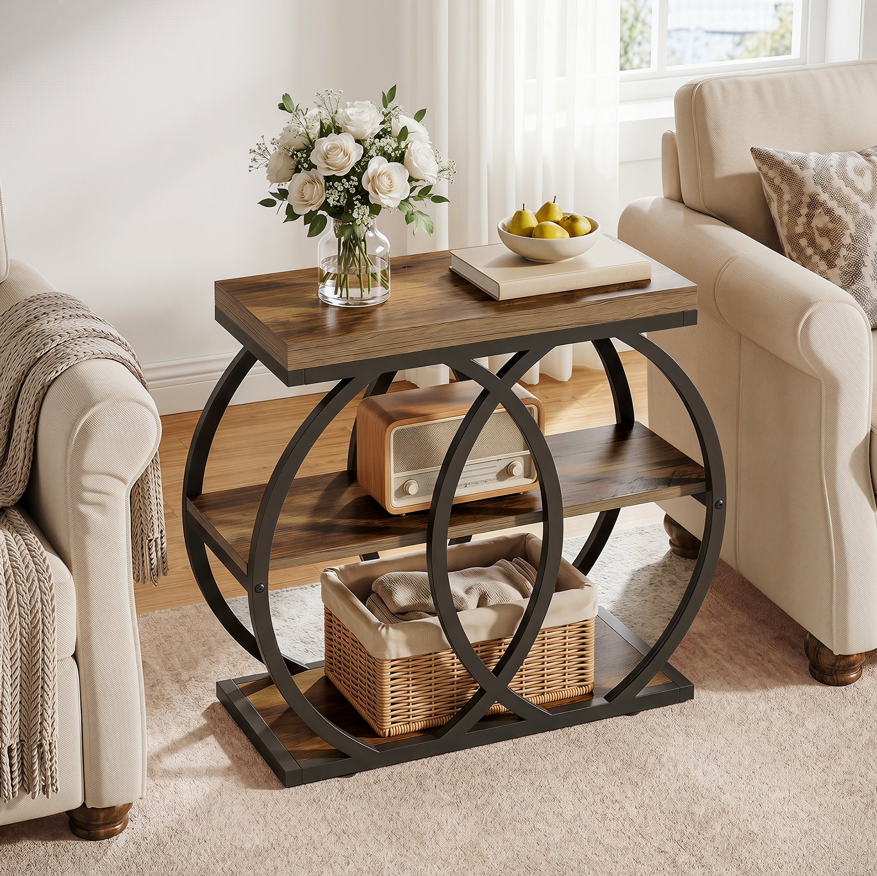 Tribesigns Schmaler Beistelltisch 60 cm mit 3 Ablagen im Industrial-Stil mit Metallgestell