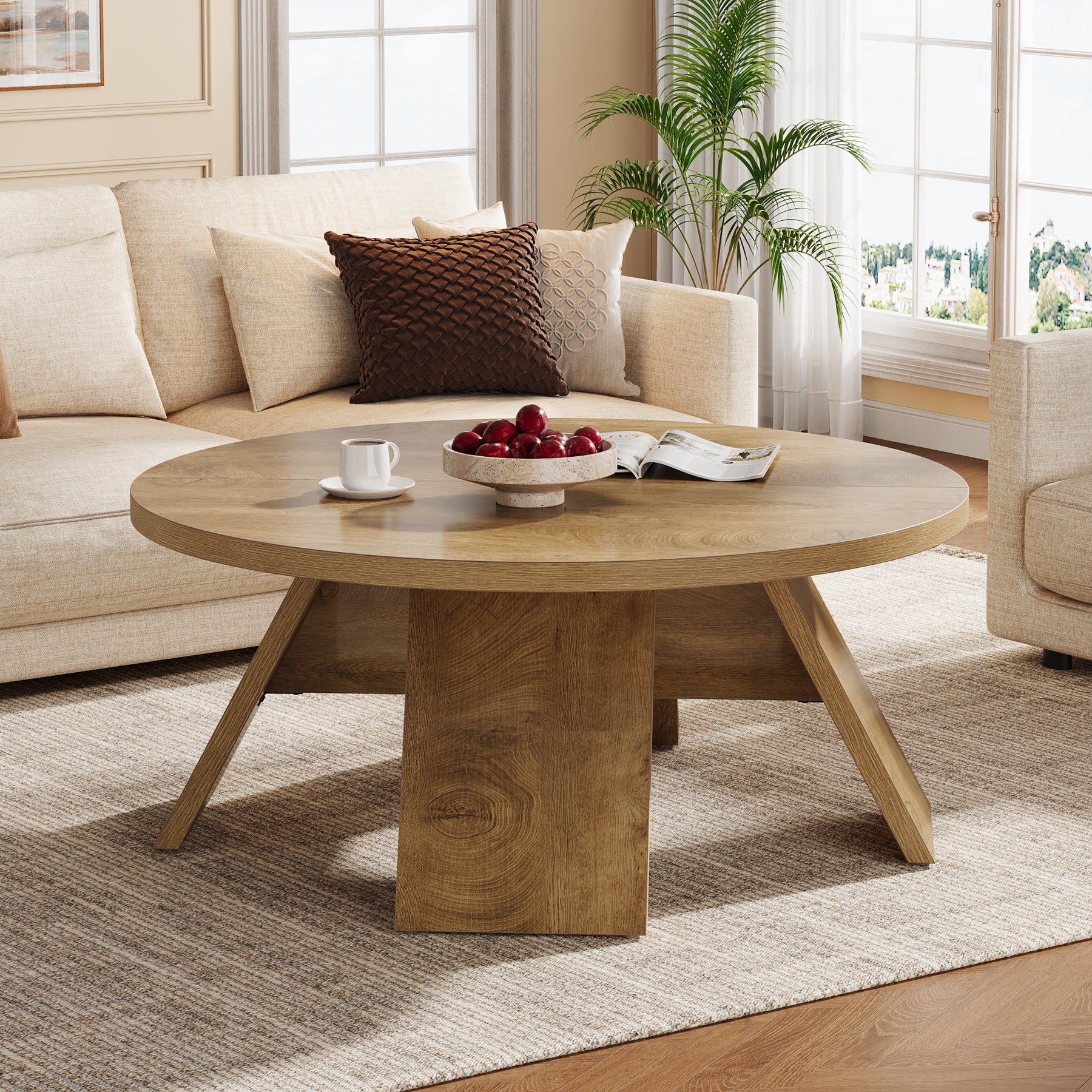 Tribesigns Runder Couchtisch 100 cm – Moderner Wohnzimmertisch aus Holz mit stabilem Standfuß, großer Beistelltisch